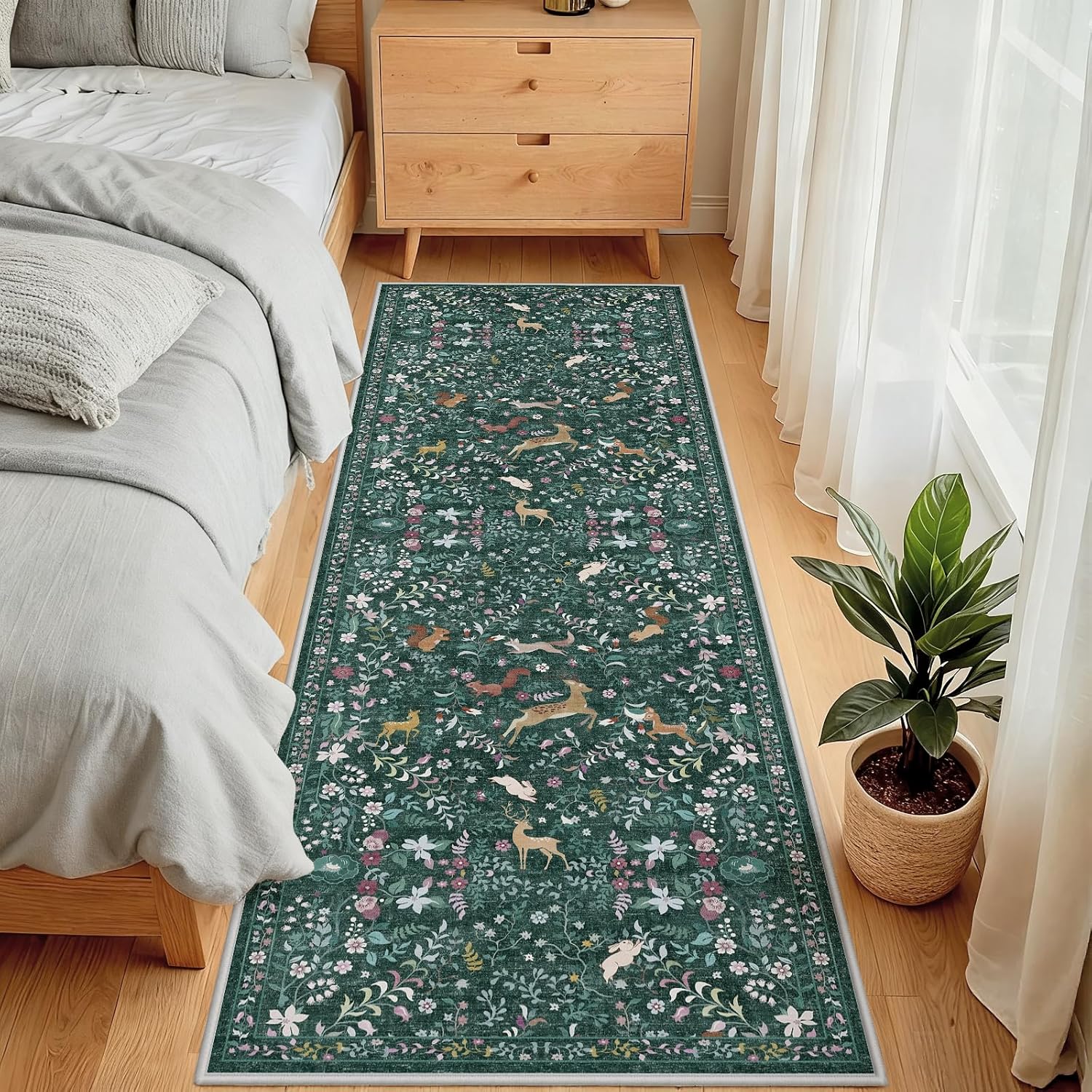 Runner Rug Washable Runners Kitchen Rugs Non Slip Neutral Floral Carpet Low Pile for Indoor Hallways Entryway Living Room Bedroom Laundry Soft Mat 2'6''x8' Dark Green
