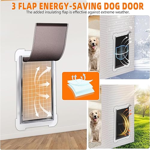 Miniatura 4 de MIAOTONG Puerta de perro de 3 solapas para pared, puerta aislada para mascotas de bajo consumo para pared, marco de acero y puertas telescópicas