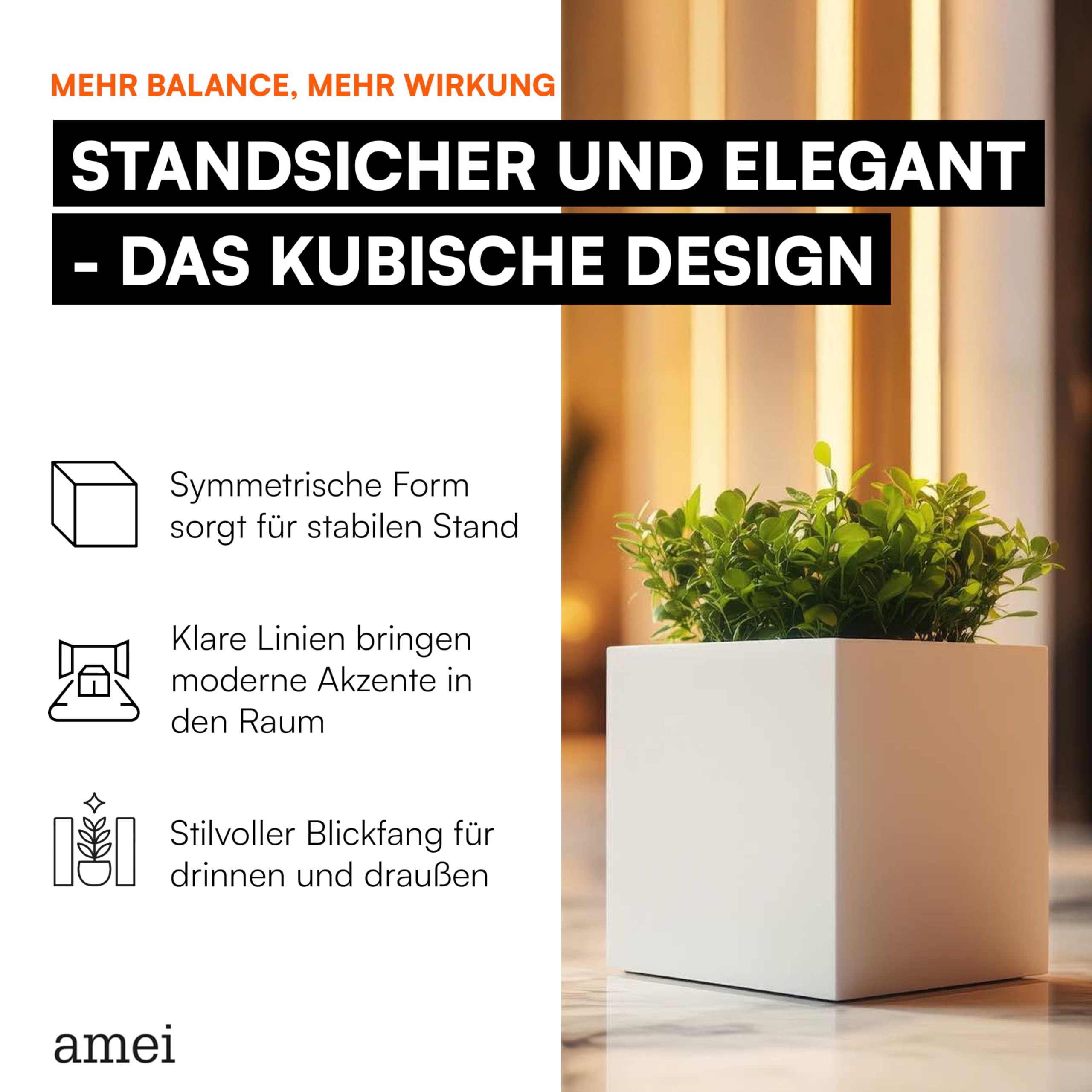 amei Der Kubische Pflanzkübel aus Fiberglas (Grau 42 x 42 x 42 cm) – Blumenkübel in geometrischer Optik – Handgefertigter Pflanzenkübel aus Stonefiber – UV-beständig und frostfest