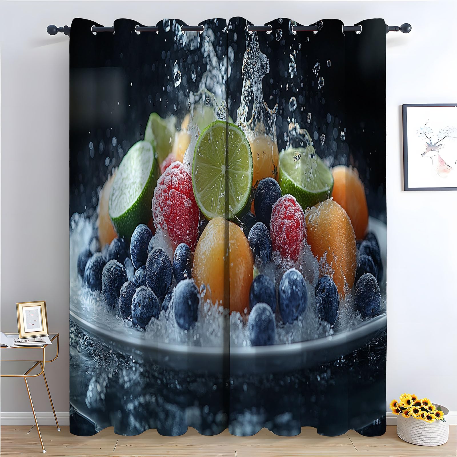 TERUEA Waterfall Nature Scene Curtains, Mixed berries splashing water ice plate fresh fruit Curtains Nature Landscape Scenery Fabric Polyester-52 W x 96" L (Pack of 2)