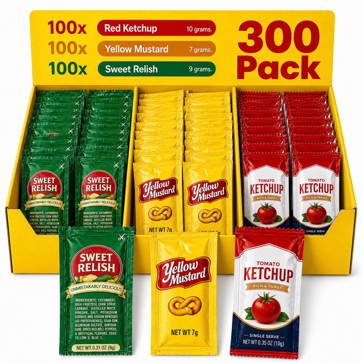 Condiment Variety Pack - Single Serve Pouches: KETCHUP, MUSTARD, and RELISH - Perfect for Picnics, Lunch Boxes, BBQs, Travel, and Parties (300 Pack, 300, Count)