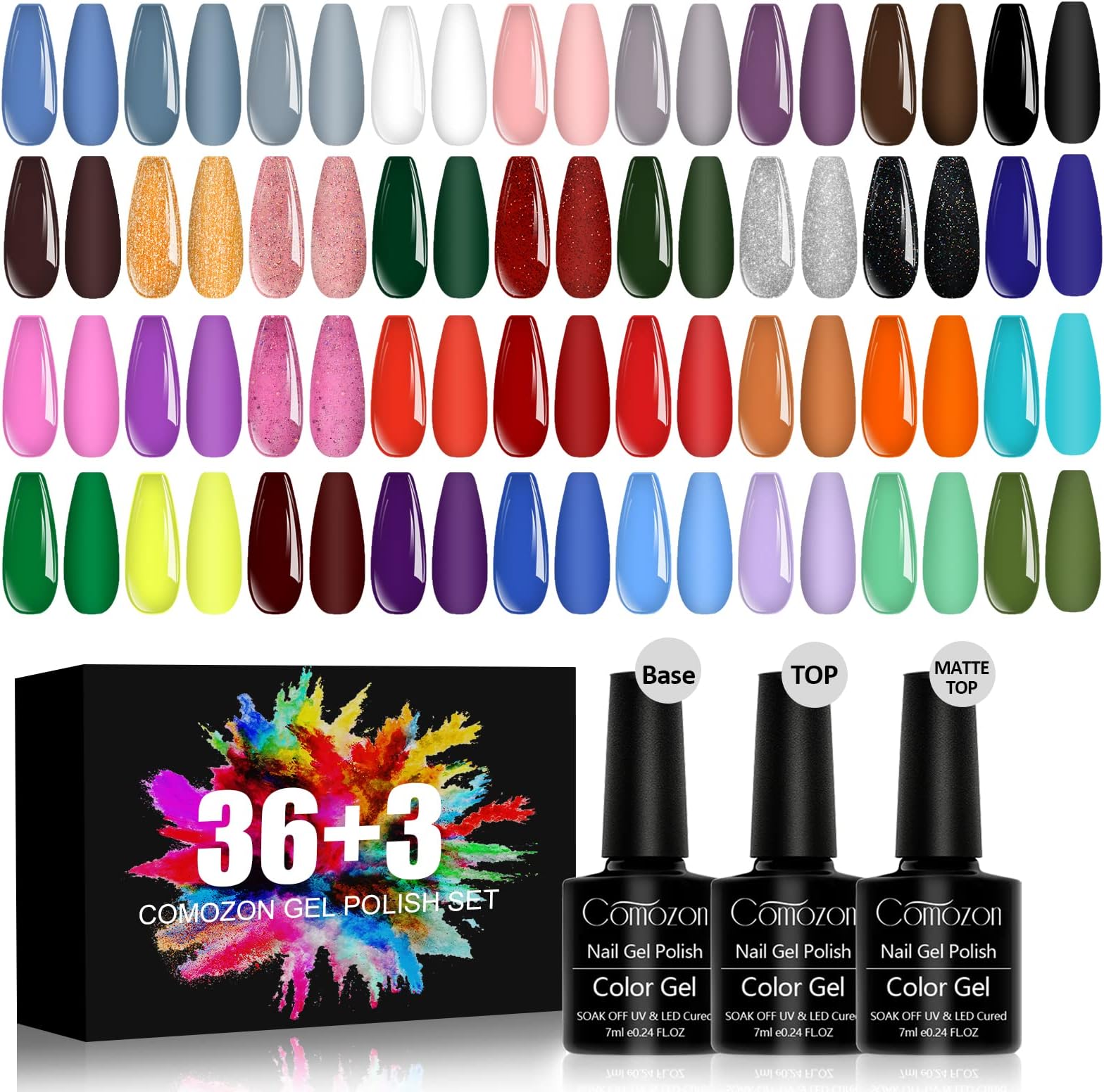Amazon com 39 Pcs Gel Nail Polish Set with 36 Colors 3Pcs Base