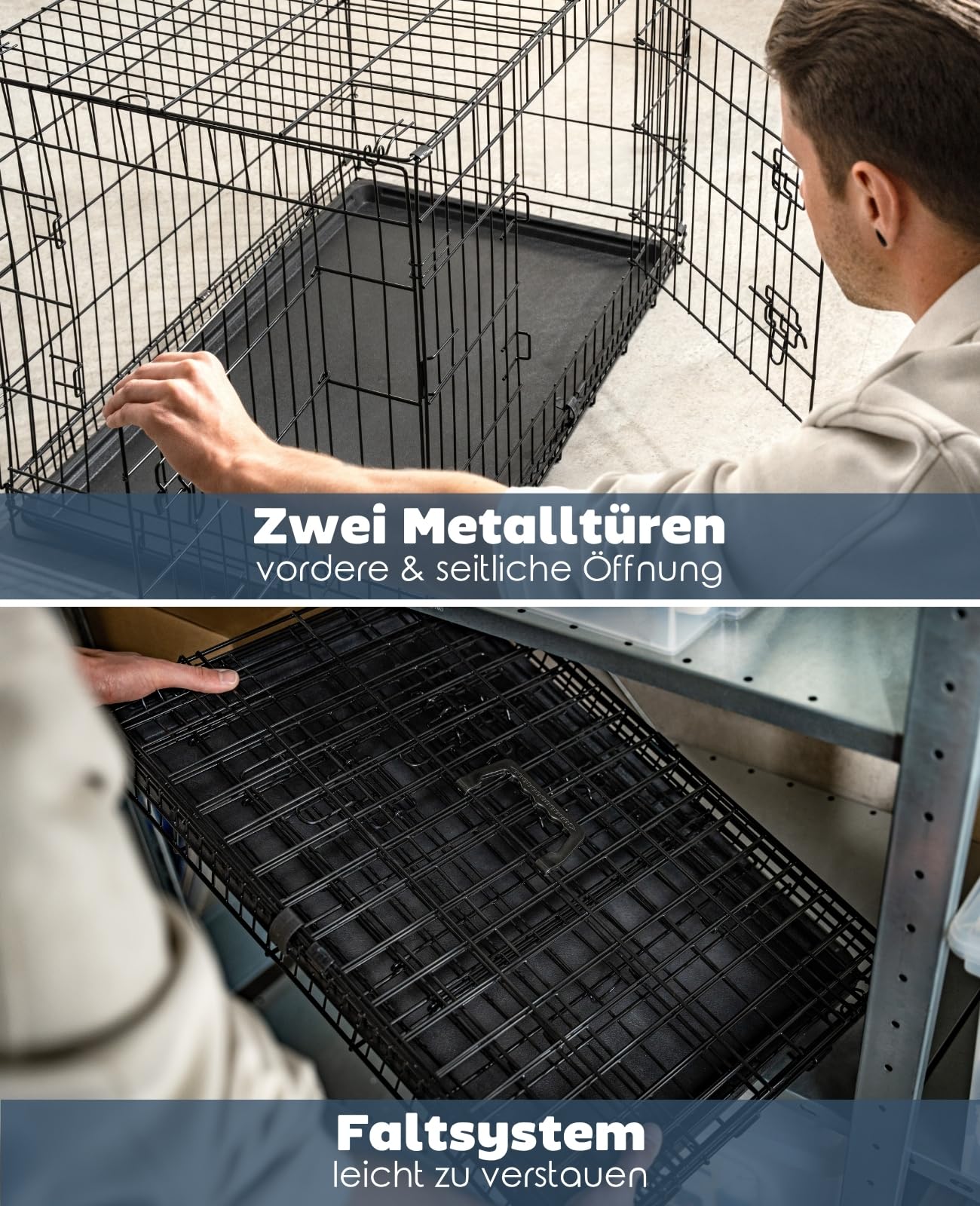lionto Tiertransportbox für Hunde und Katzen, vielseitiger Transportkäfig mit hygienischer Kunststoffwanne, 76x49x56 cm, Hundebox aus Metall mit stabilen Sicherheitsverschlüssen & Trennwand, schwarz