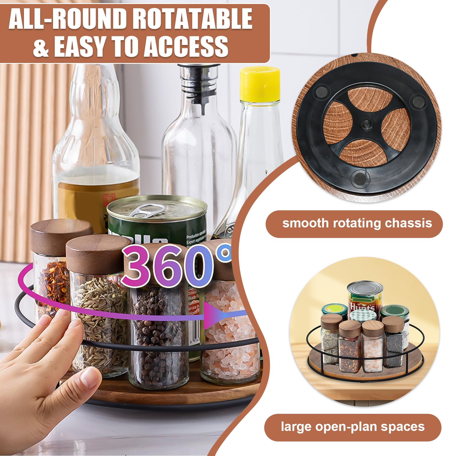 LPAMABA Vassoio girevole in legno, 22,8 cm, porta spezie, cucina girevole a 360°, porta spezie, legno rotondo, vassoio girevole, mobile da cucina antiscivolo, per armadio, tavolo camera da letto bagno