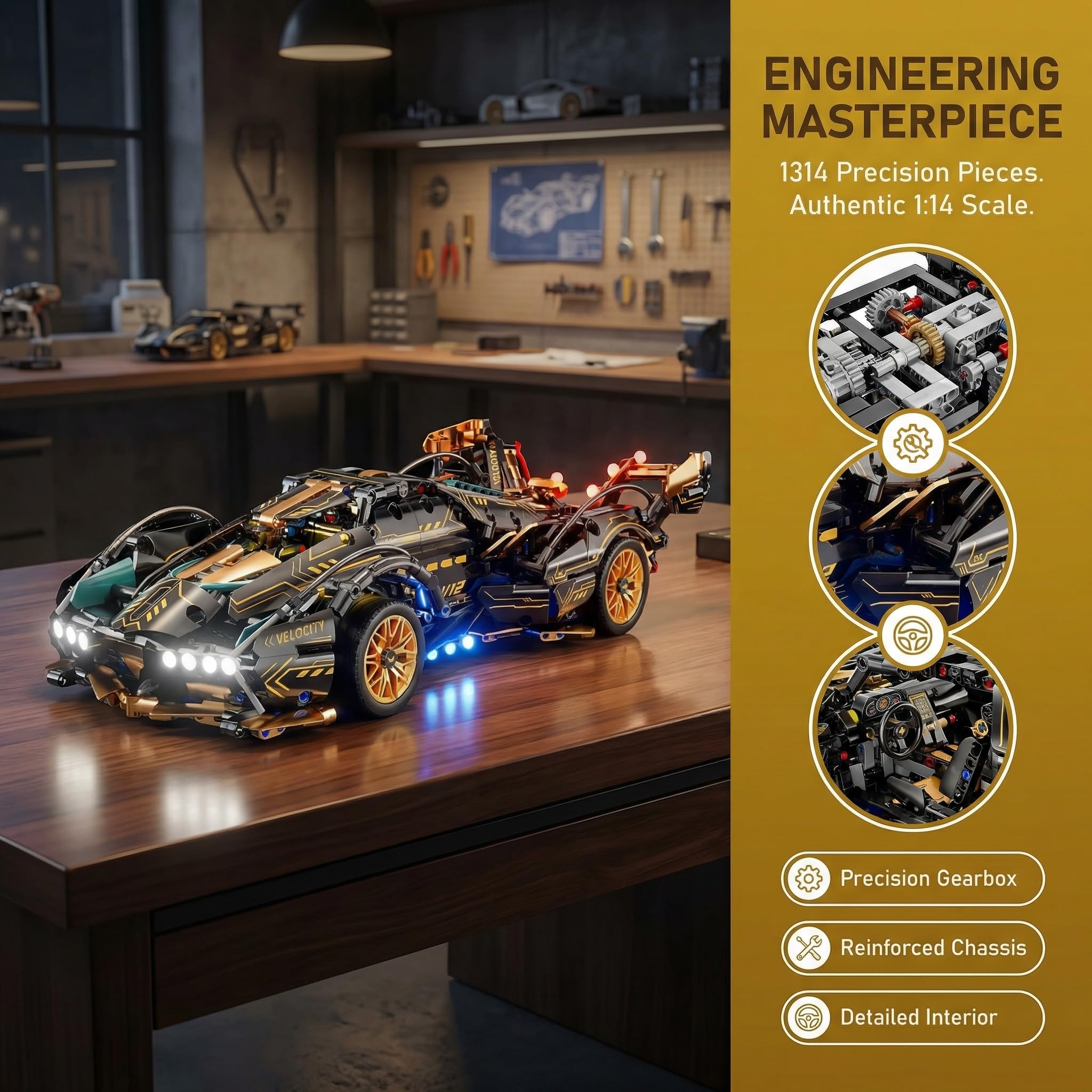 AoreSpty RC Building Kit, 1:14 Remote Control Car with LED Lights, 975Pcs STEM Toys for Boys Age 10 - Image 2