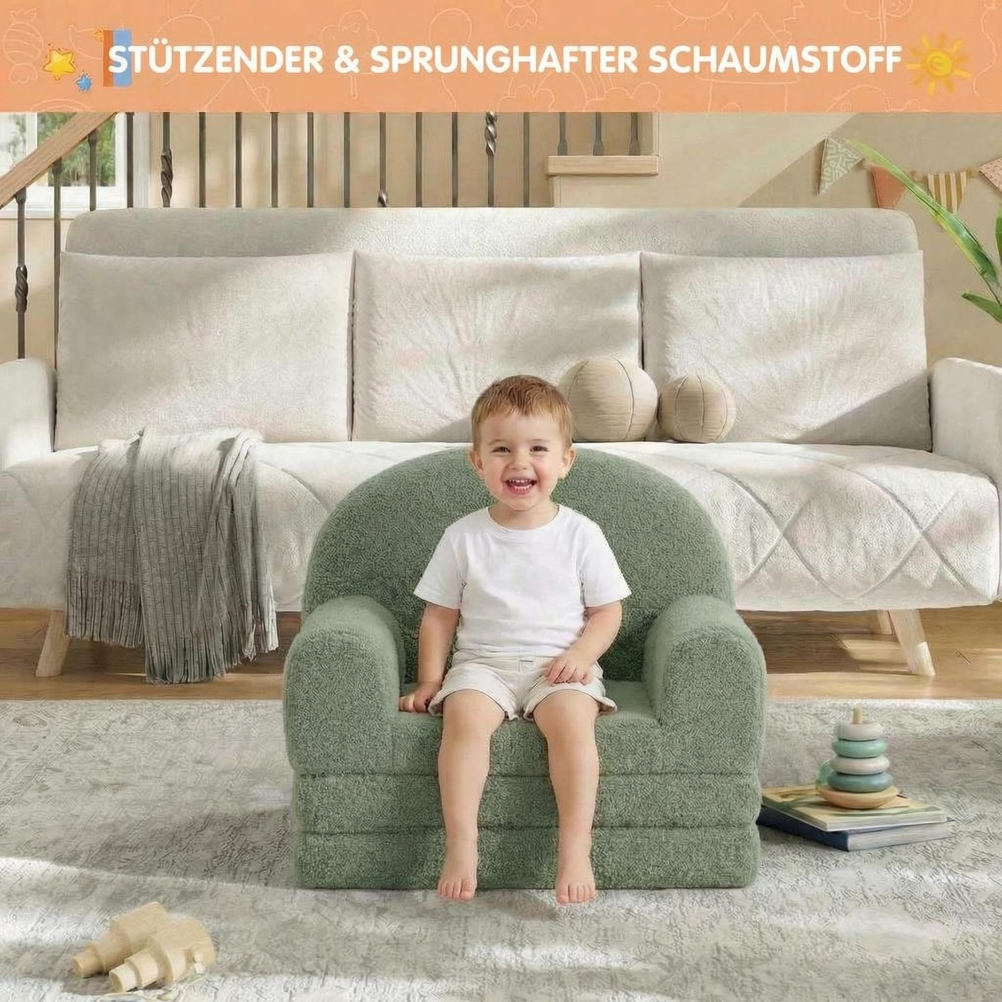 Garvee 2-in-1 Kindersofa & Loungesessel, Faltbar Kinder Sofa, Weiches Teddyfleece Kindersessel mit Abnehmbarem Bezug, Klappbarer Kindercouch als Liege, Kinder - Grün