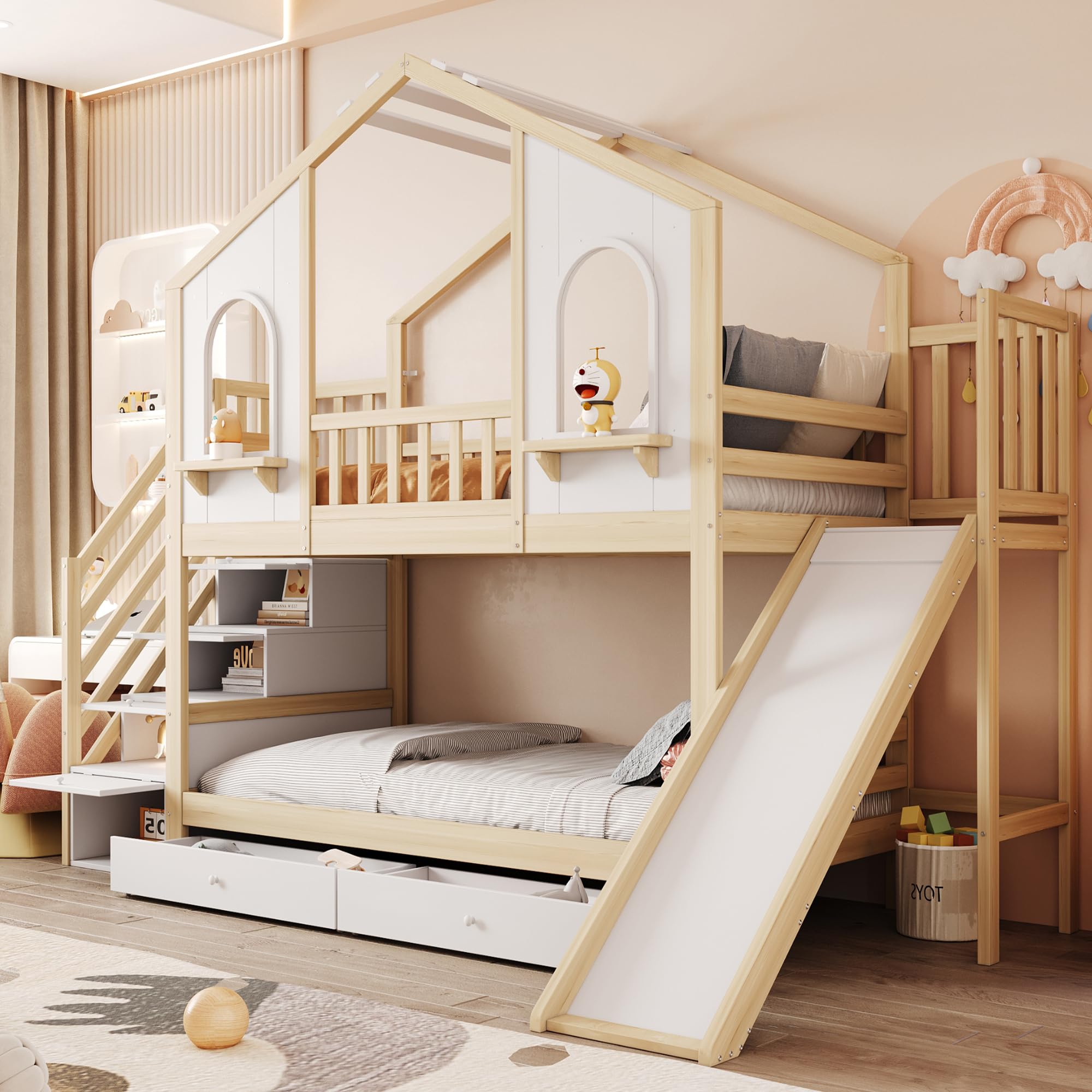 Dolamaní Kinderbett Hausbett 90x200 cm, Hochbett mit Treppe und Rutsche, Etagenbett 2 Betten mit Lattenrost & Stauraum, 2 Schubladen, Kiefer Holz, Bettgestell Holzbett, ohne Matratze (Natur + Weiß)