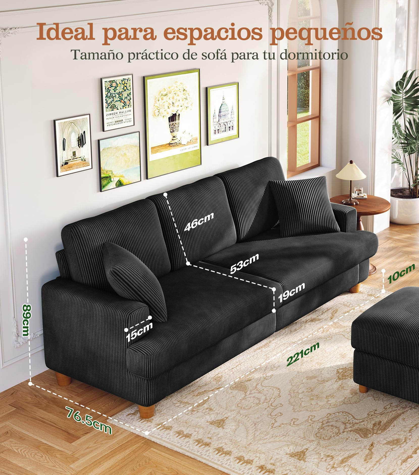 Kidirect Sofá de Pana de 3 plazas, 221 cm cómodo sofá de 53 cm Asientos Extra Profundos, sofá de salón Montaje sin Herramientas sofá Grande con 2 Cojines, sofá Moderno para Oficina, Negro