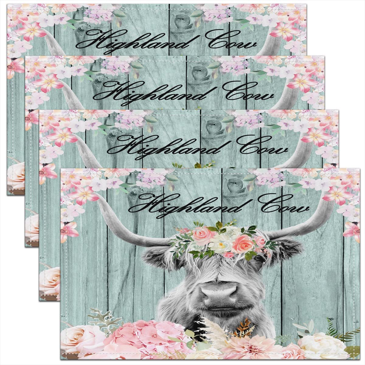 Homemissing Multicoloured 19 Highland Cow Placemat For Kitchen Dining Table Indoor Outdoor,Highland Cattle Placemats Set Of 4 Rustic Wooden Table Place Mats, Western Placemats 45X30cm