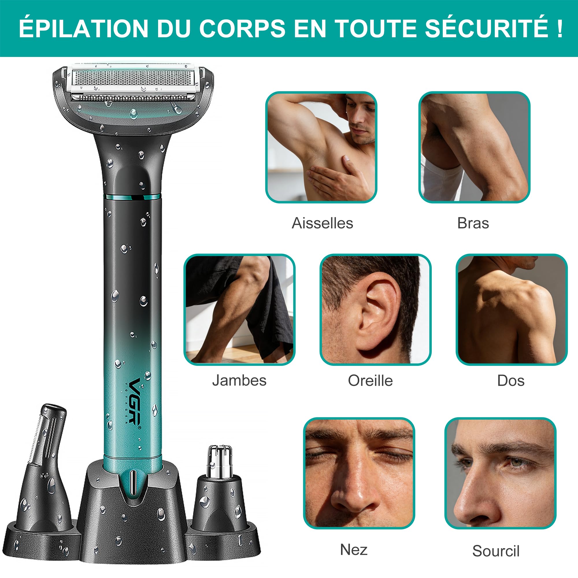 VGR 625 3 en 1 Tondeuse Partie Intime Homme, Rasoir Nez Homme Sans Fil | Tondeuse Multifonction Convient avec Base pour La Poitrine, Jambes, Aisselles, Le Nez et Le Visage, Étanche IPX5, Vert