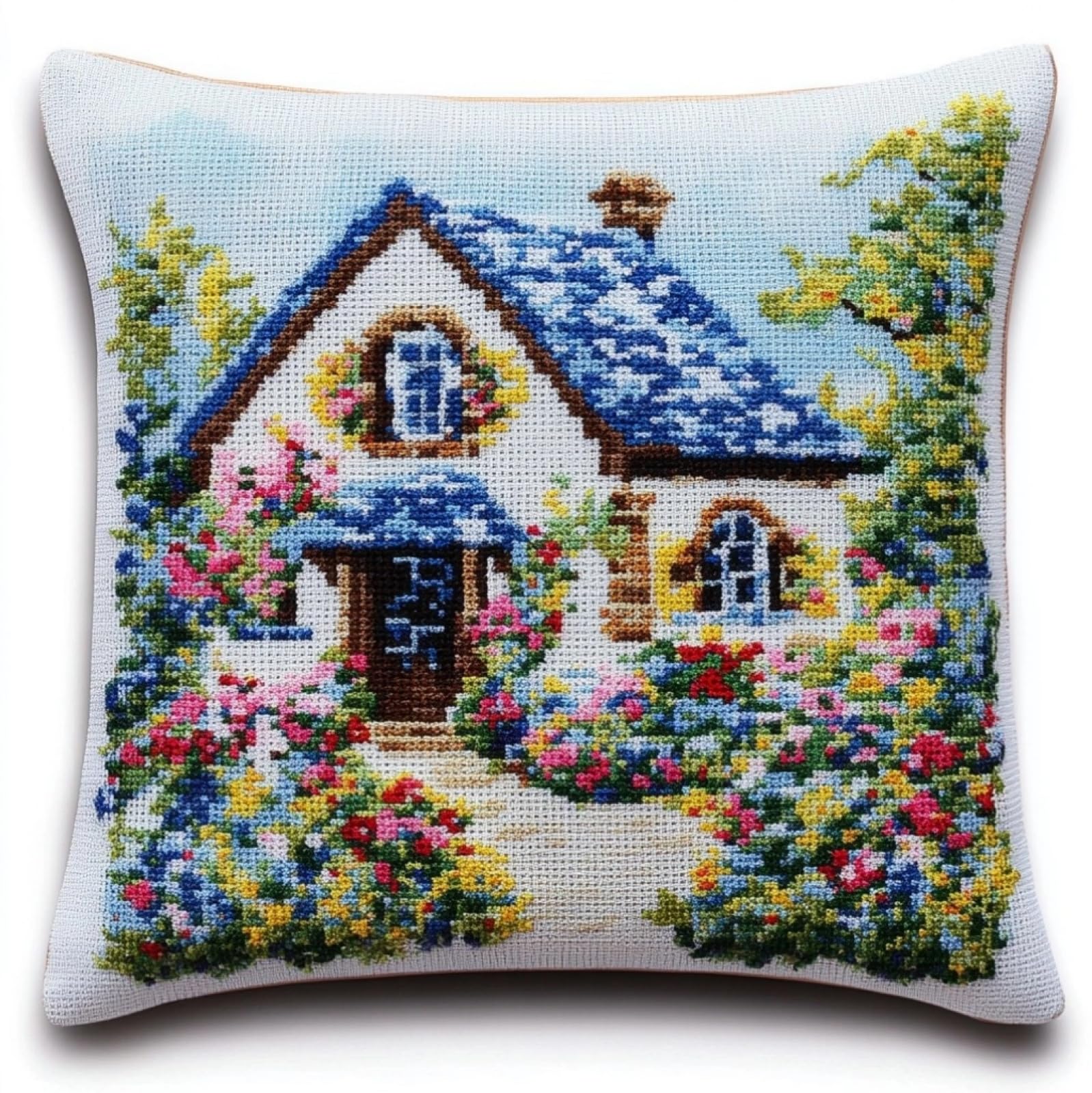 WallustrioaW DIY Printed Cross Stitch Pillow Kits,Garden Cottage Embroidery Kit for Adults 11CT Cross Stitch Printed Canvas Needlework Decoration 18x18in