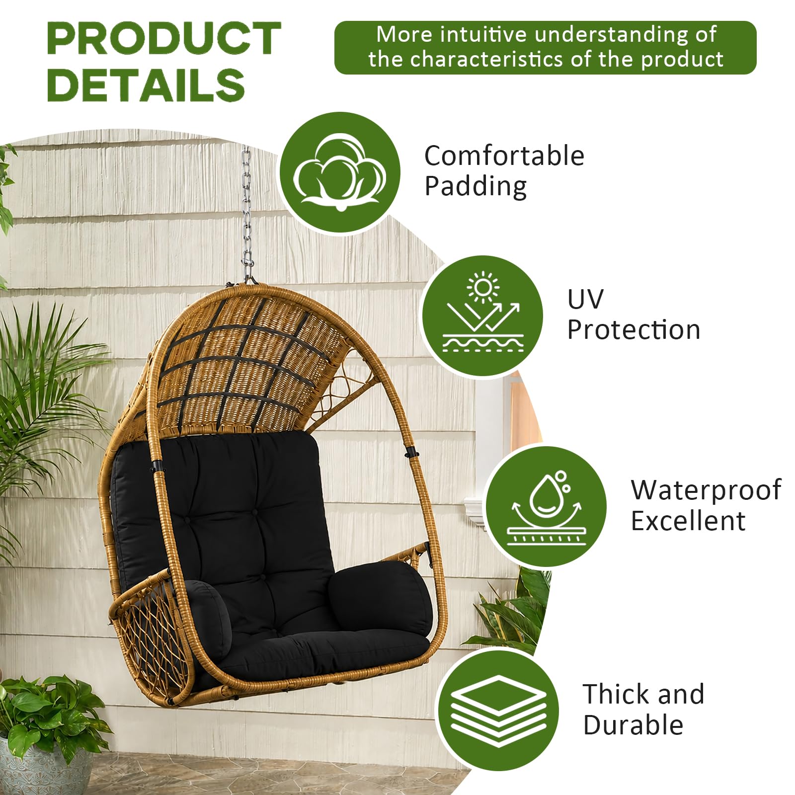 Coussin de fauteuil suspendu - Coussin épais pour balançoire suspendue et panier suspendu - Coussin de jardin lavable pour chaise à bascule - Coussin d'assise intérieur/extérieur pour