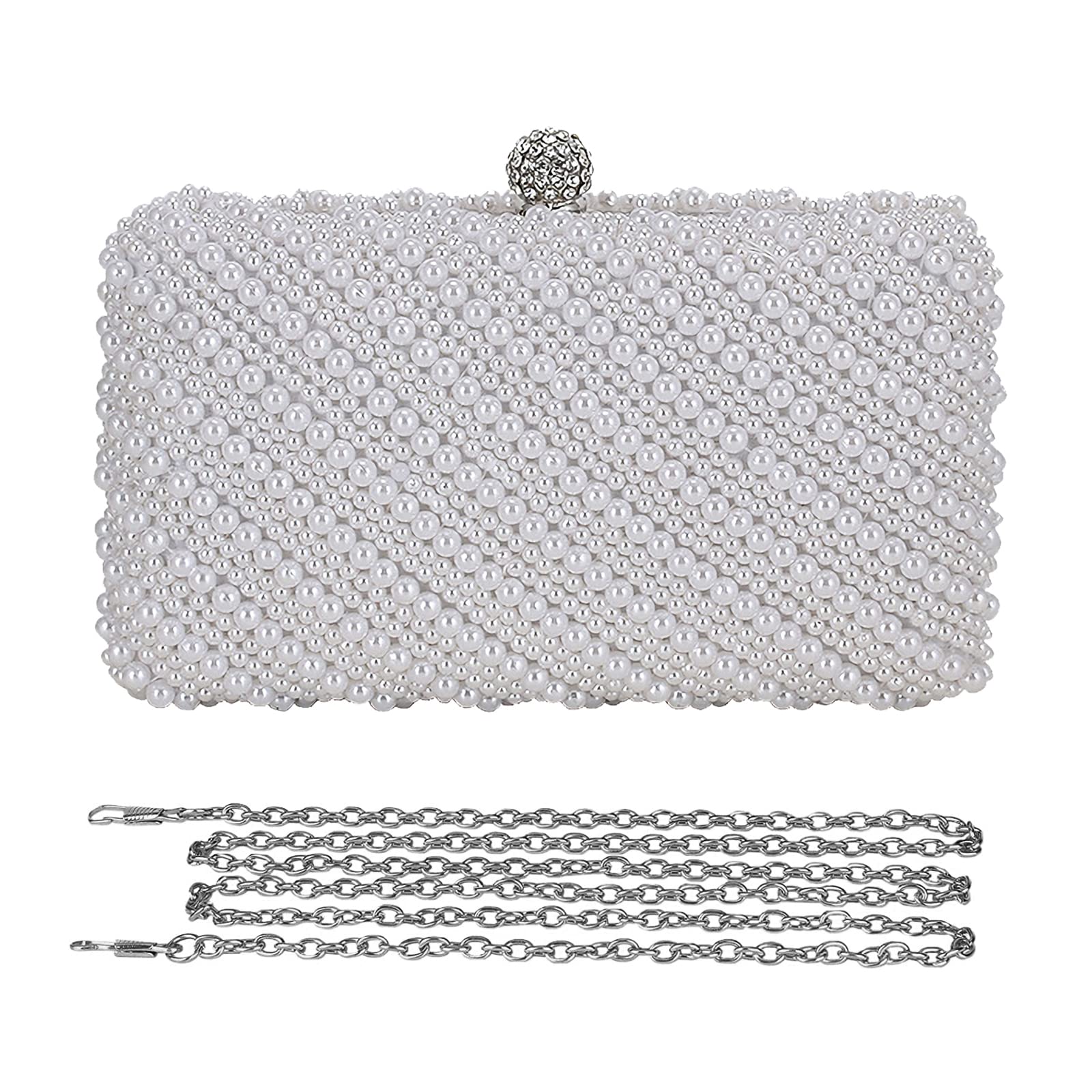 CORIOS Clutch Damen Perlen Abendtasche Elegant Handtasche Brauttasche Mini Kette Tasche Schultertasche Umhängetasche für Hochzeit Abendparty Tanzparty Geburtstag Bankett Weiß