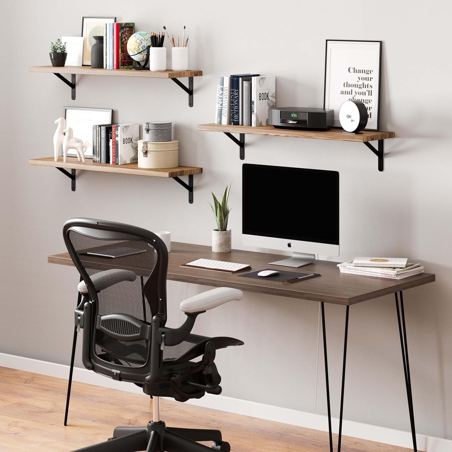 Wallniture Forme 36 inch Long x10 in Deep Rustic Floating Shelves for Wall Storage, Wall Bookshelf Living Room, Kitchen, Pantry Shelf Wood Set of 3, Burnt