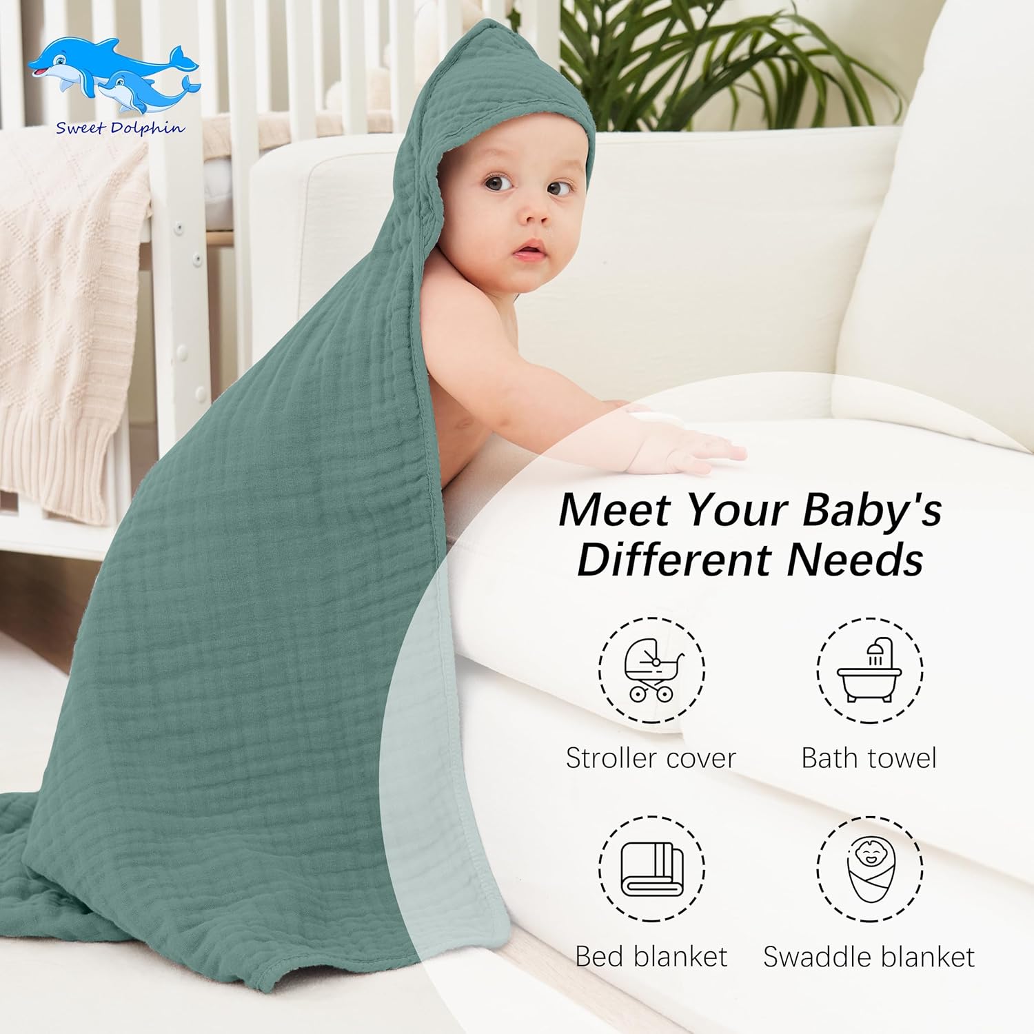 SWEET DOLPHIN Muslin Hooded Baby Bath Towels - 2 Pack 100% Cotton Towel for Babies, Infants, Toddlers - 32x32Inch - Highly Absorbent and Newborn Essential, Deep Emerald - Image 5