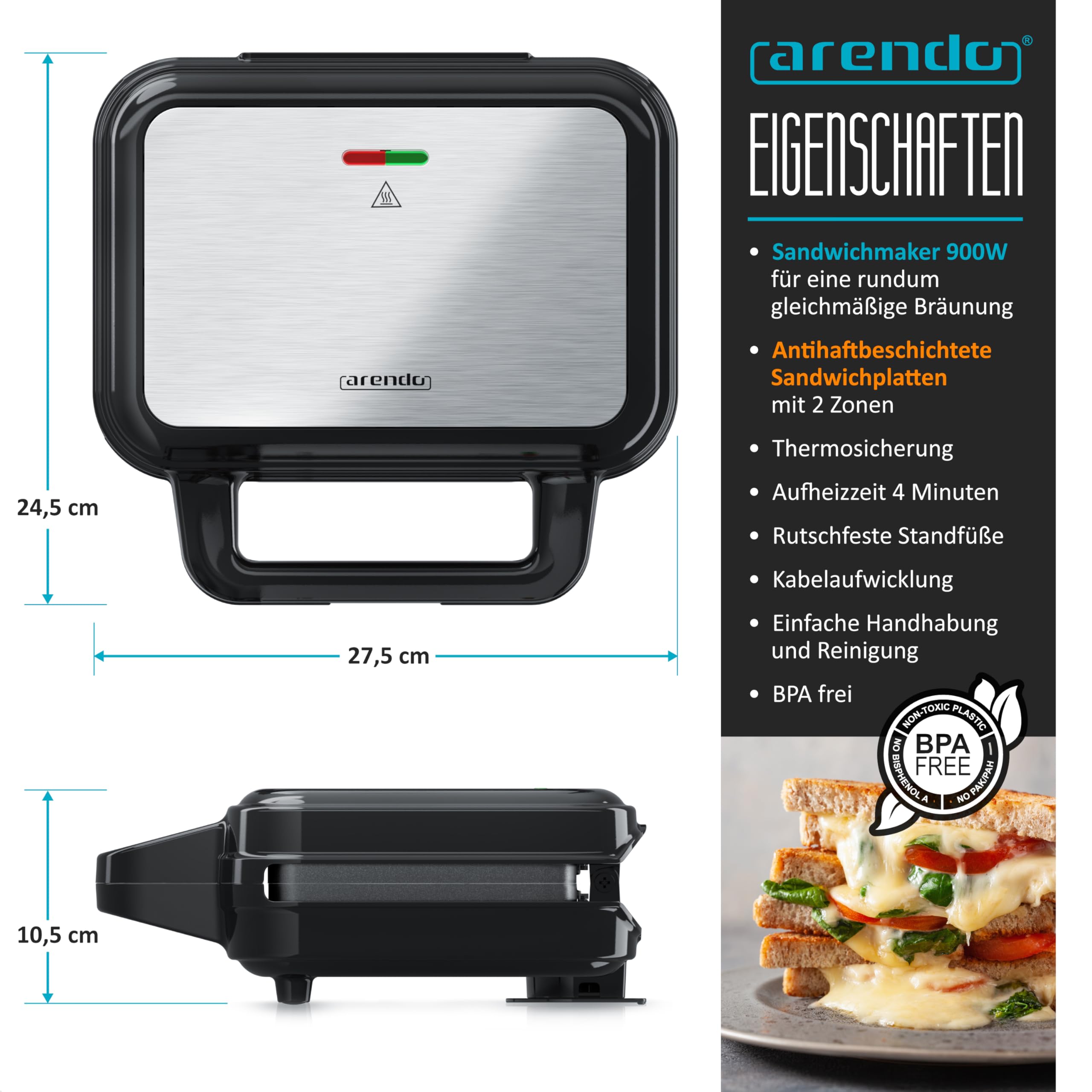 Arendo - Sandwichmaker mit Antihaftbeschichtung - abnehmbare Platten - BPA frei - Temperaturkontrolle – Sandwich Maker - Sandwichtoaster für große Toasts - spülmaschinengeeignet