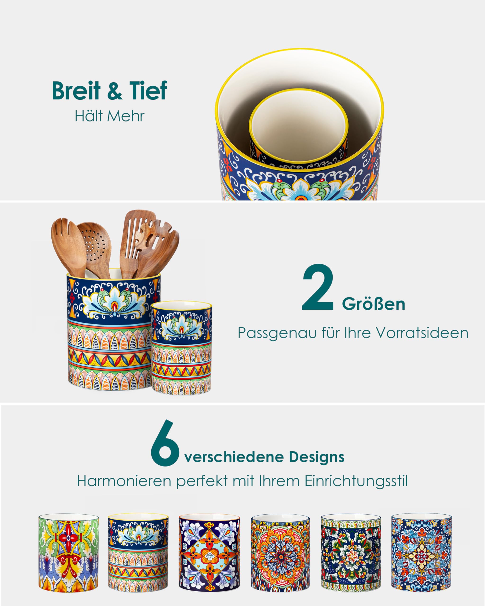 vancasso 2-tlg Küchenutensilienhalter, 18,6 cm + 14 cm Keramik Utensilienhalter im Boho-Stil, Behälter für Küchenutensilien, Kitchen Utensil Holder für Spatel & Löffel, Zenit-Harmonie