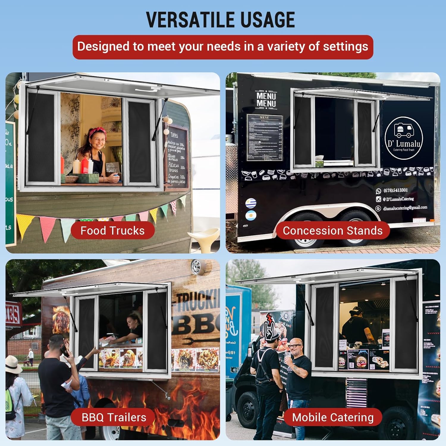 Concession Window for Food Truck, 45"x30"Stainless Steel 4-Sliding Windows with Mesh Screen, Horizontal Serving Hatch for Trailer, Outdoor Catering