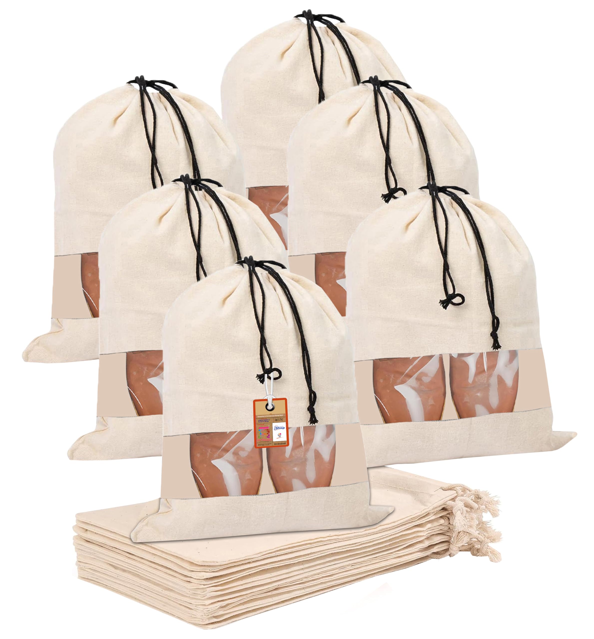 atorakushon Cotton Travel Shoe Bags Shoe Cover for Travelling Storage Bag Footwear Wardrobe Organizer Pouch Pack of 6 (Beige)-image-19