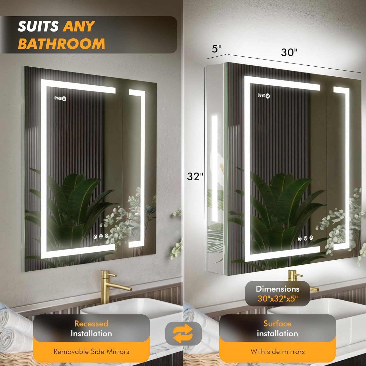 Two views of the medicine cabinet, one showing recessed installation without side mirrors and another showing surface installation with side mirrors, illustrating versatility.