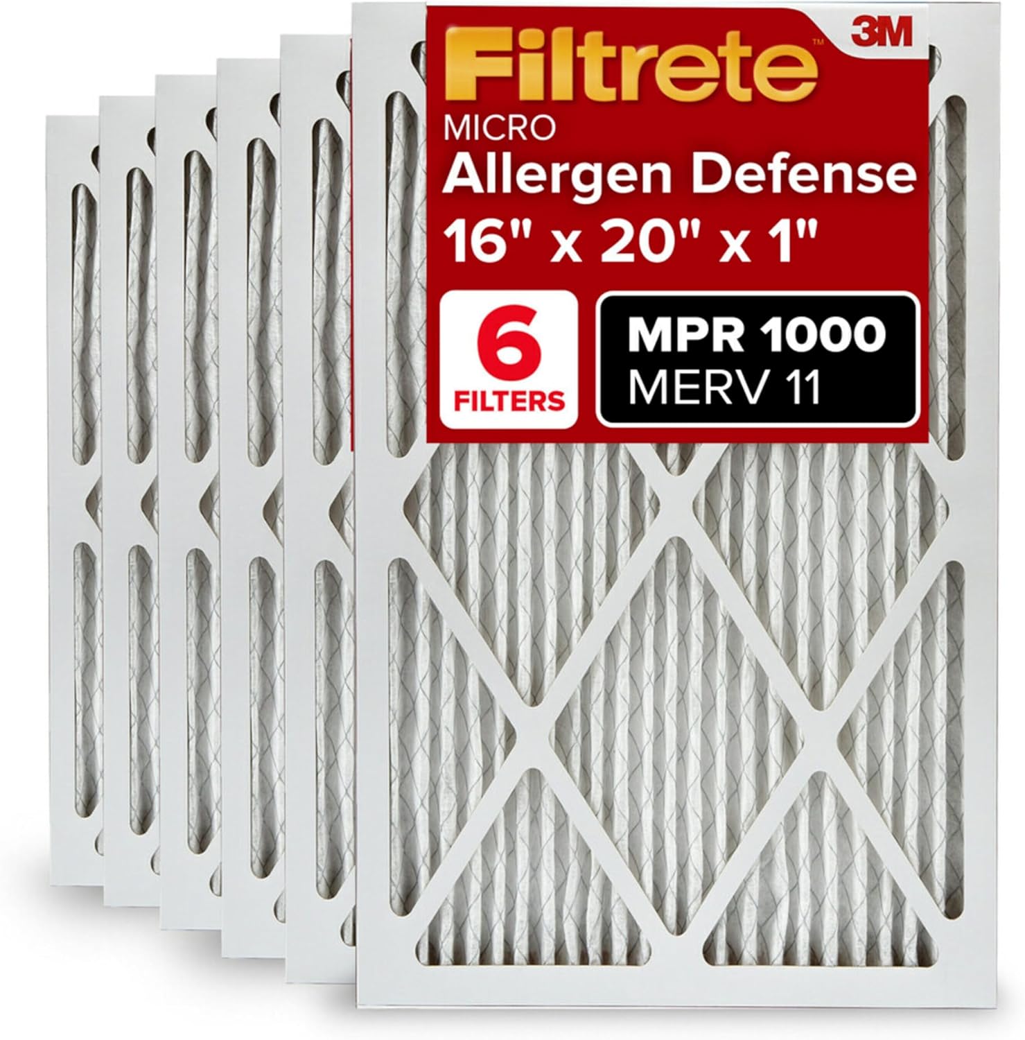 Filtrete 16x20x1 AC Furnace Air Filter, MERV 11, MPR 1000, Micro Allergen Defense, 3-Month Pleated 1-Inch Electrostatic Air Cleaning Filter, 6 Pack (Actual Size 15.69 x 19.69 x 0.81 in) Filtrete 16x20x1 AC Furnace Air Filter, MERV 11, MPR 1000, Micro Allergen Defense, 3-Month Pleated 1-Inch Electrostatic Air Cleaning Filter, 6 Pack (Actual Size 15.69 x 19.69 x 0.81 in)