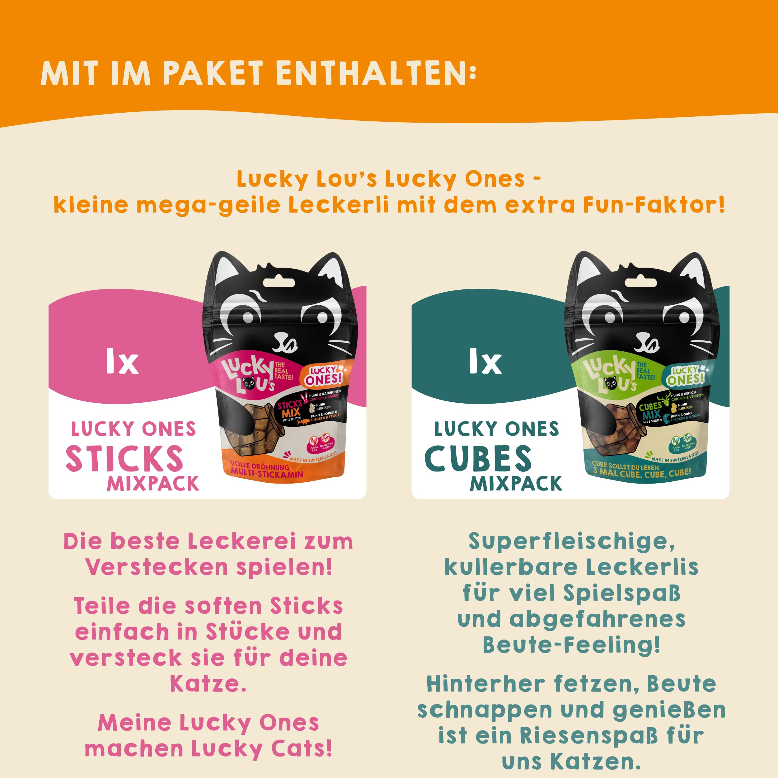 Lucky Lou Probier-Paket mit Katzenfutter nass und trocken & Katzen-Leckerlis in verschiedenen Sorten - Katzen-Leckerlie, Nassfutter & Trockenfutter ohne Getreide & Zucker im Mix