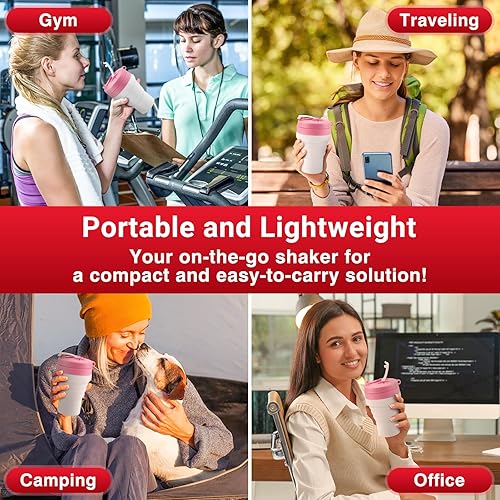 Miniatura 6 de Botella mezcladora de proteínas, plegable, de grado alimenticio, tapa a prueba de fugas, 20.3 fl oz, 20 onzas, coctelera rosa, vaso mezclador de
