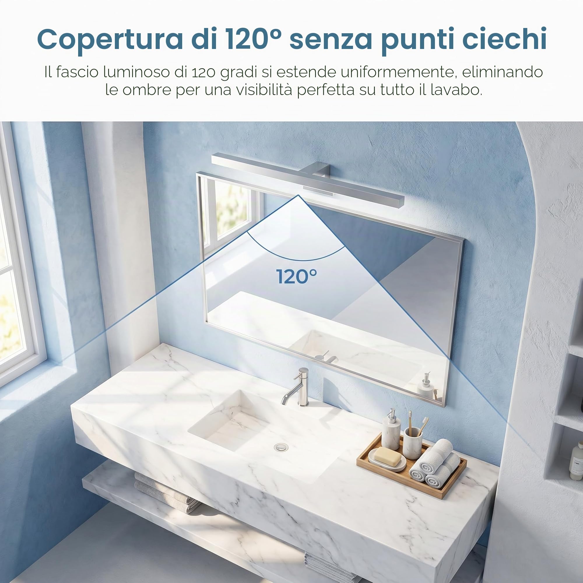 BARCELONA LED Applique LED Specchio Bagno 10W 50cm, Luce Specchio Bagno 3000K 800lm, IP44 Resistente all'Umidità, Montaggio su Specchio, Mobile o Parete, Lampada Bagno in Alluminio e Policarbonato
