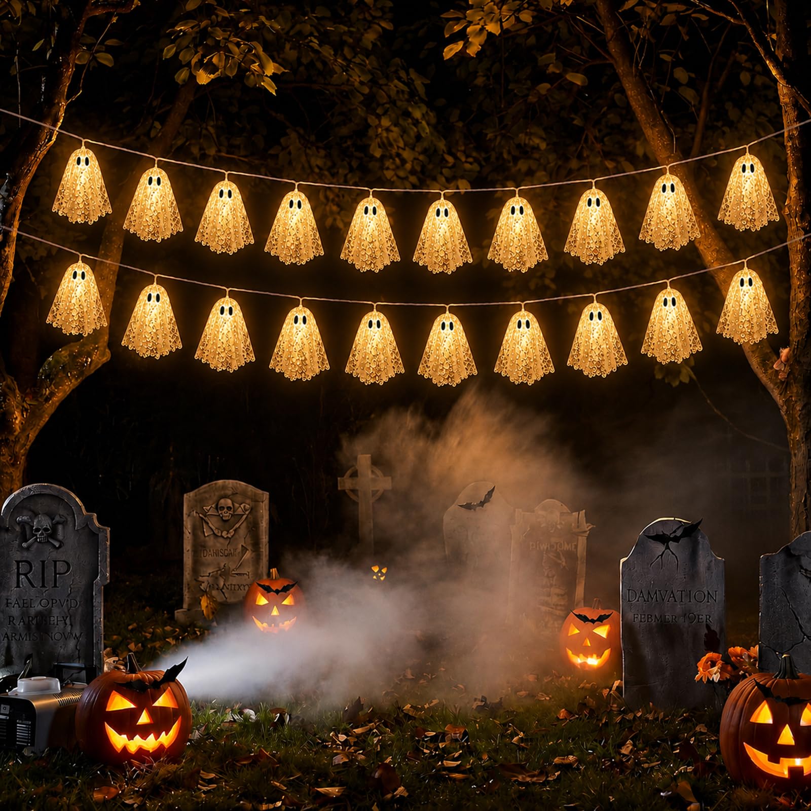 Juego de 2 luces de Halloween fantasma, 10 fantasmas LED de lentejuelas de color blanco cálido, 6.6 pies
