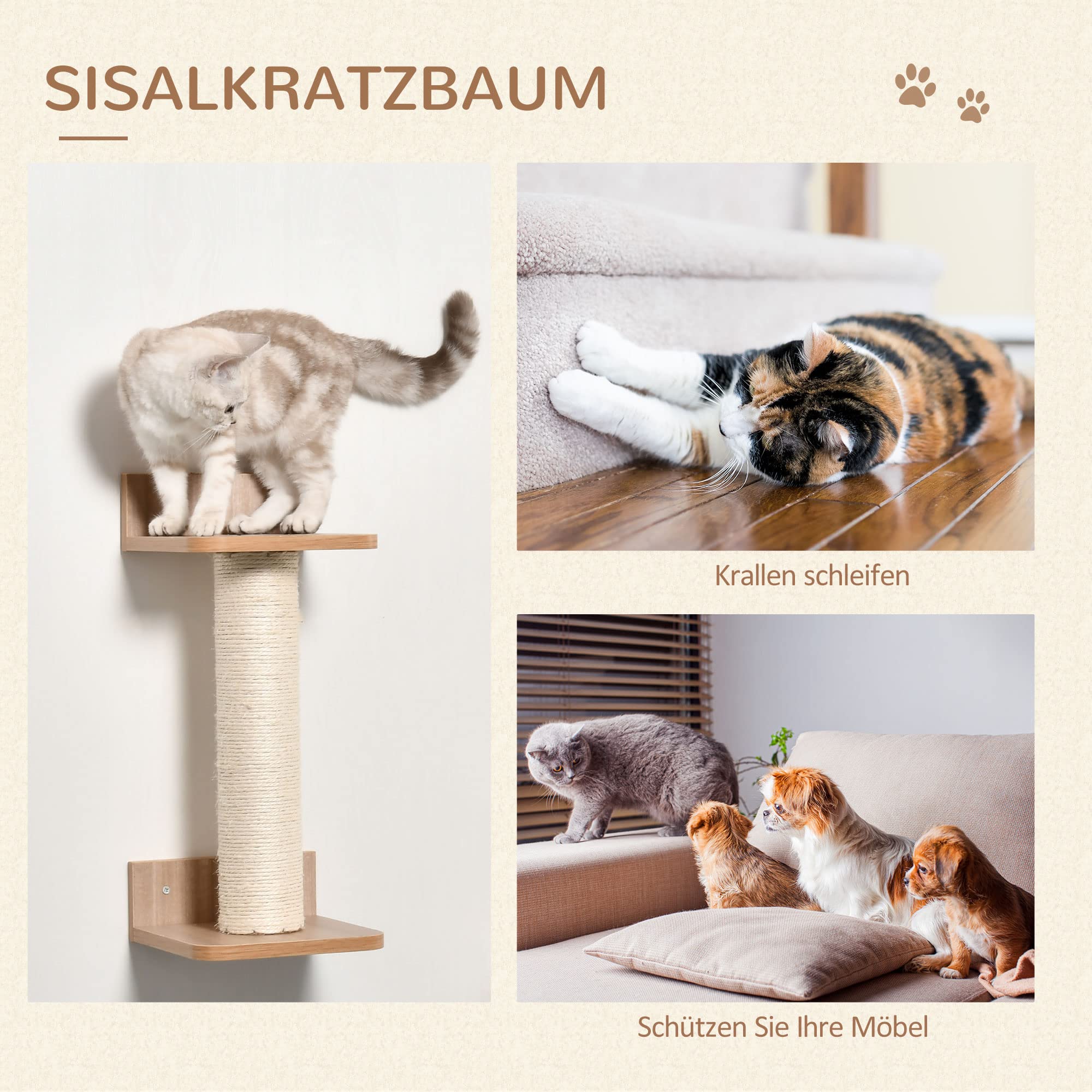 PawHut Kletterwand Katzen 4-teilig Katzenkletterwand bis 5 kg Hellbraun