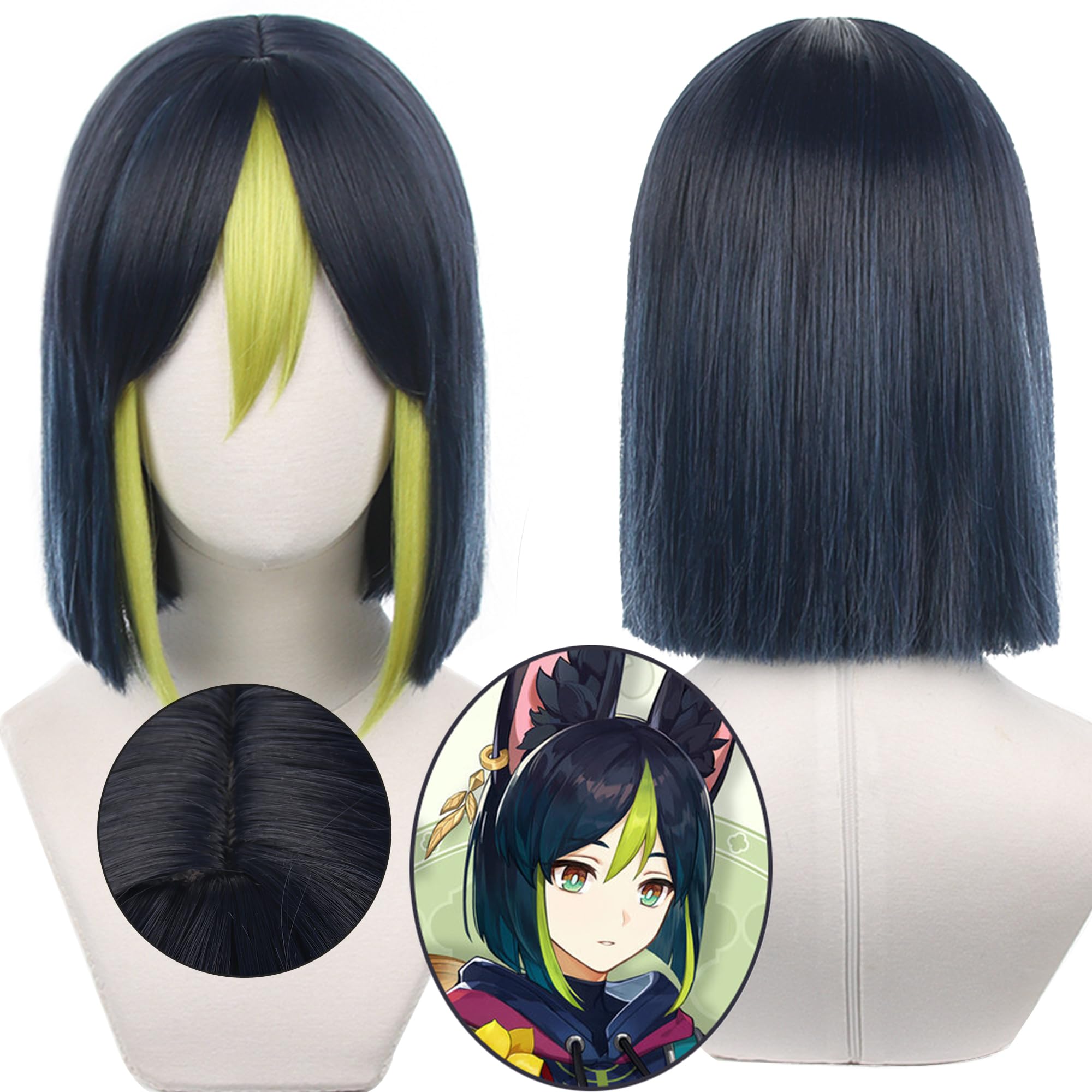 Black Blue Mixed Green Straight Heat Resistant Synthetic Hairs for Women Halloween Cos Anime Party Replacement Wigs - Image 2