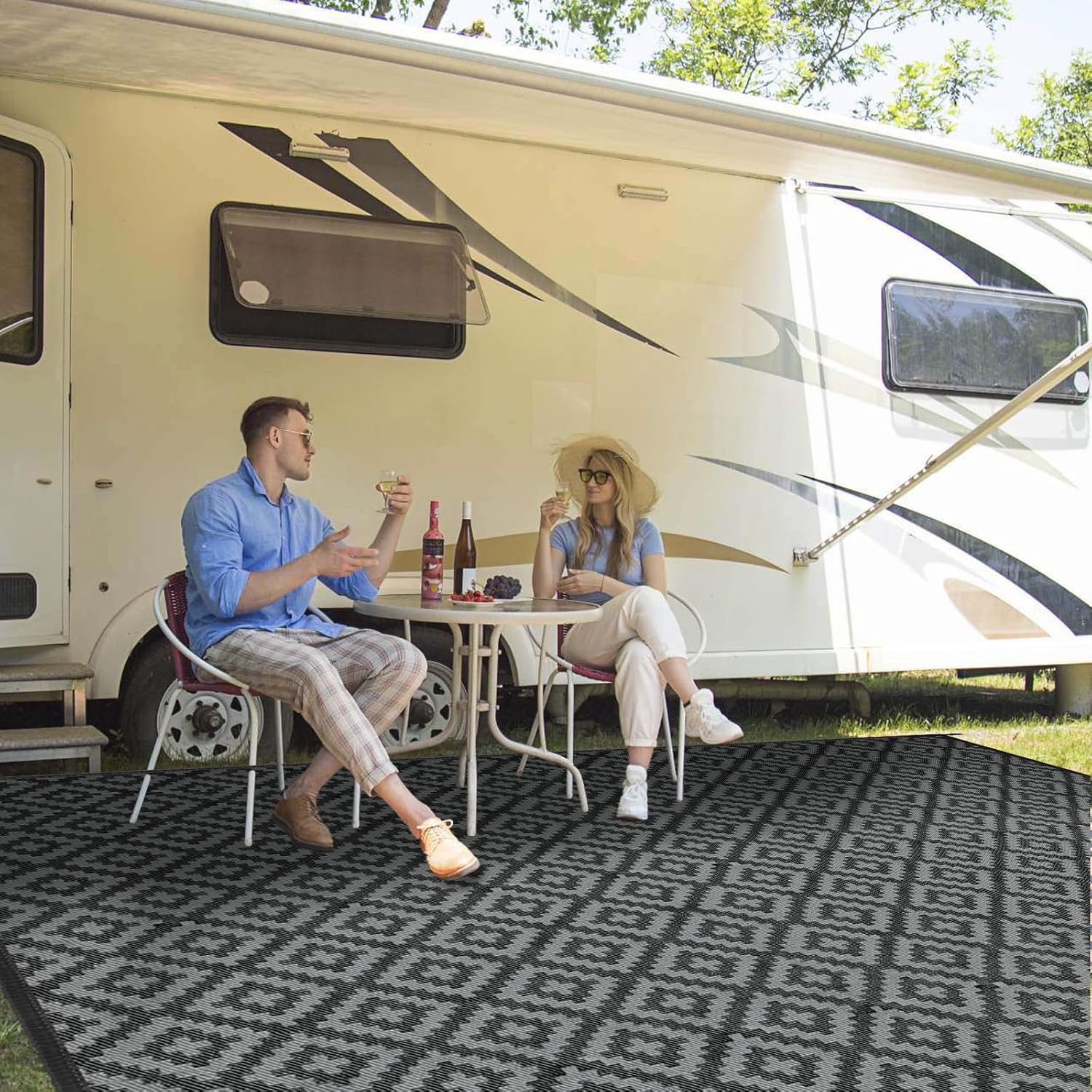 Outdoor Patio Plastic Straw Rug - 8x10 ft Outdoor Camping Rug Waterproof Reversible, Area Carpet Patios Clearance RV, Outside Porch Balcony Deck for Camper, Black & Grey 8x10 Feet Black Grey