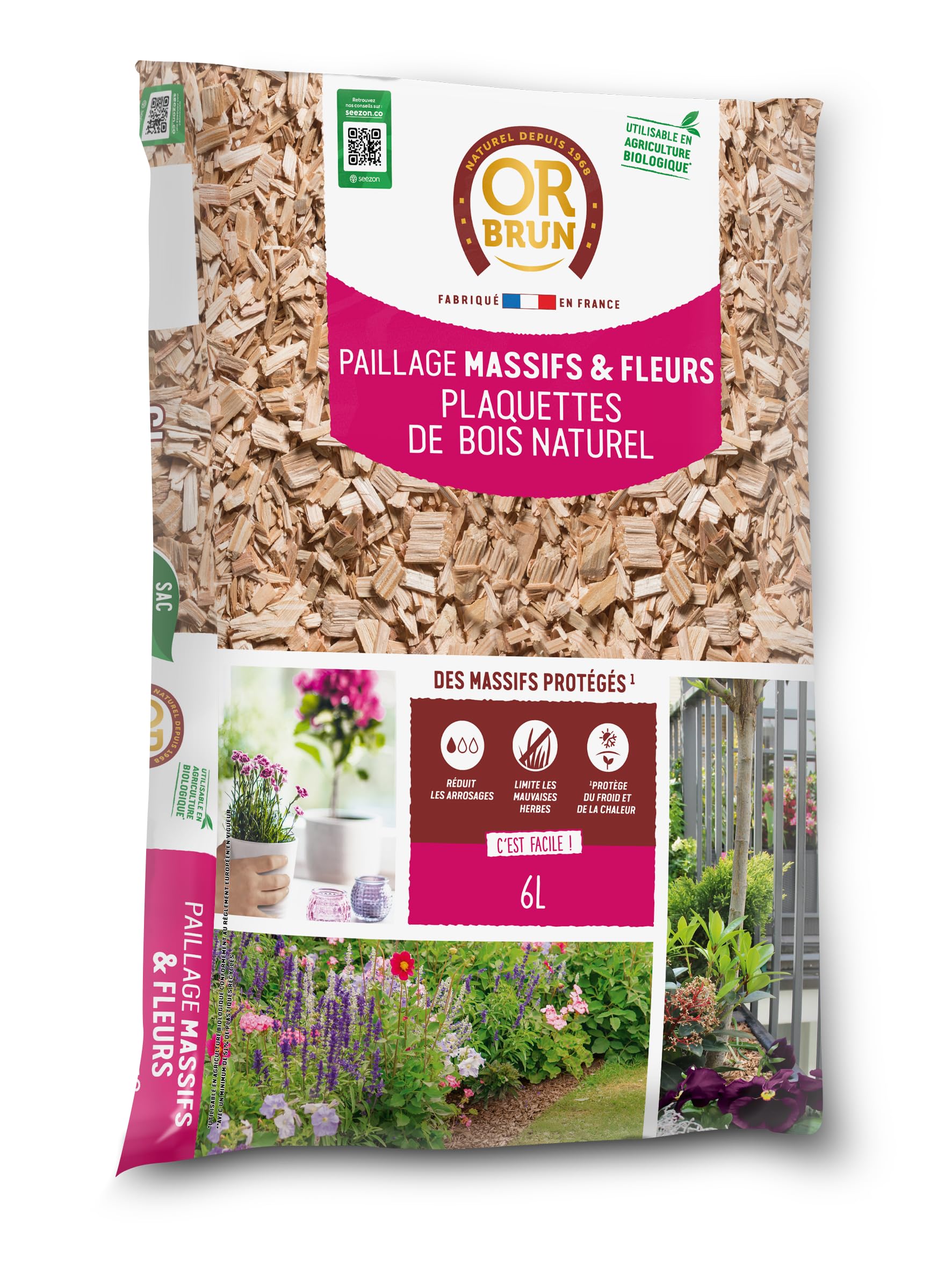 OR BRUN Paillage Massifs & Fleurs - 6L - Plaquettes de Bois Naturel - Protection des Plantes OBRPCLA6U