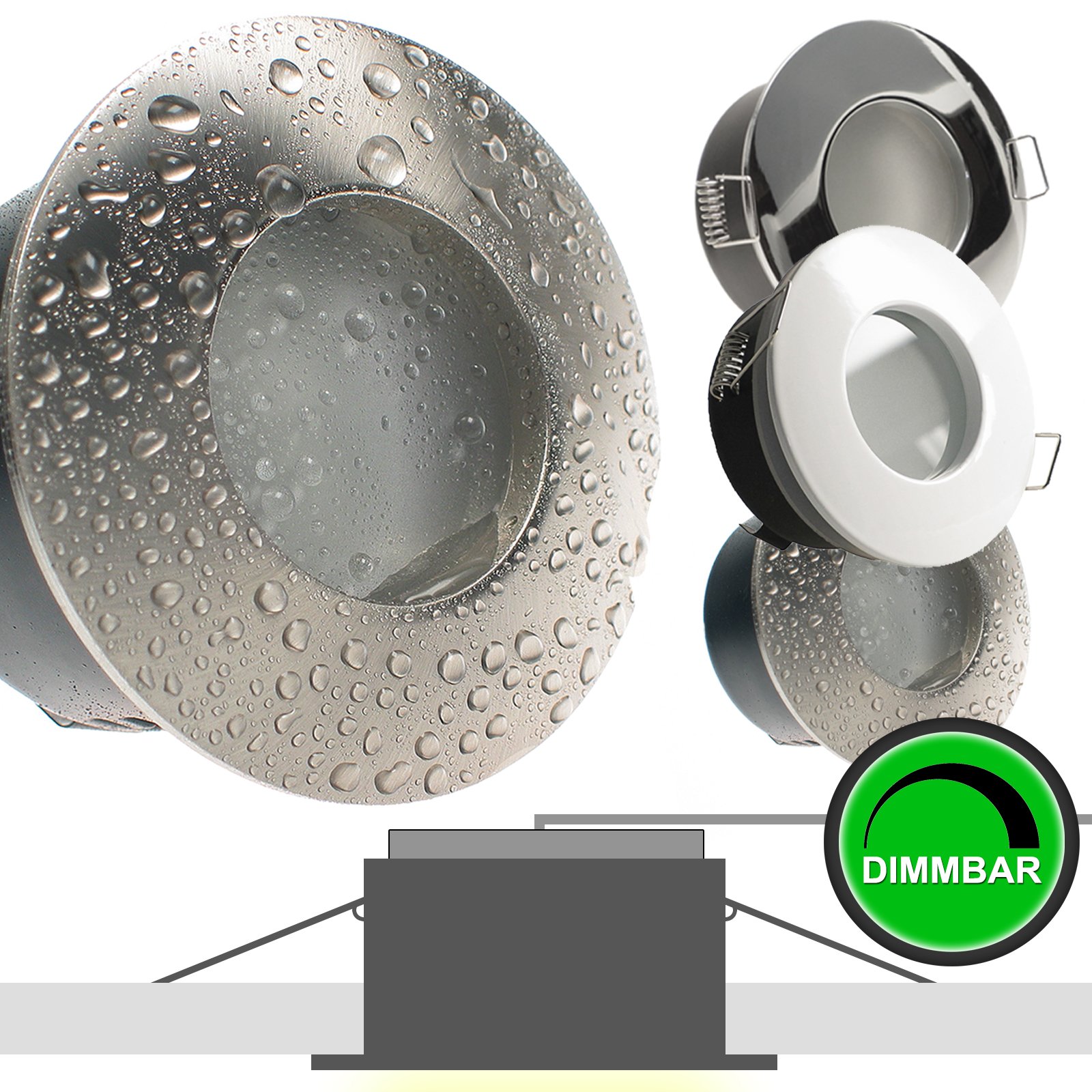 trendlights24 NAU IP65 LED Bad Einbaustrahler flach 5W dimmbar 230V 5er Set | Chrom glänzend, rund, Einbautiefe 50 mm, Warmweiß, 3000k, 110°, Decken Einbauspots, Feuchtraum, außen, LED austauschbar