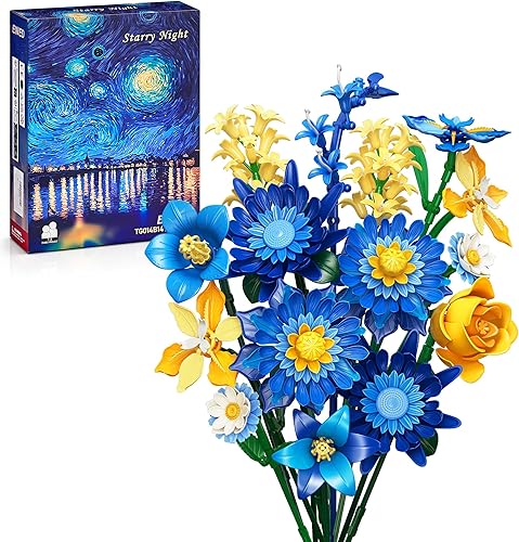 Starry Blooms Flowers Bouquet Building Set for Mother's Day, Artificial Flower Compatible with Lego Botanical Collection, Valentine's Day for Adults Women Girl Girlfriend Home Decor