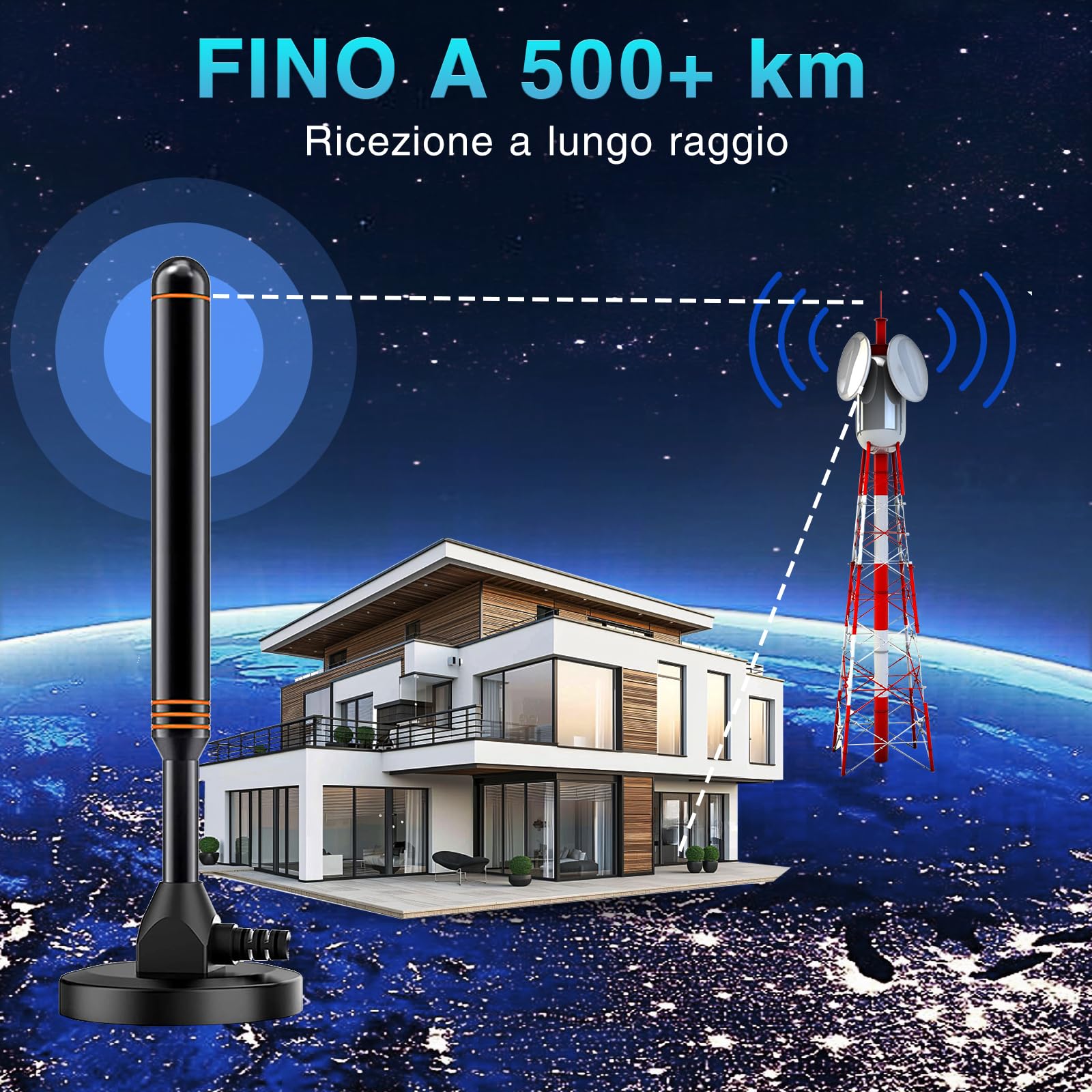 Antenna TV Portatile, Antenna TV interna Amplificata potente per distanze di ricezione superiori a 500 km, Antenna Digitale Terrestre da interno per Smart TV, Antenna con Cavo Coassiale 5m - Orange