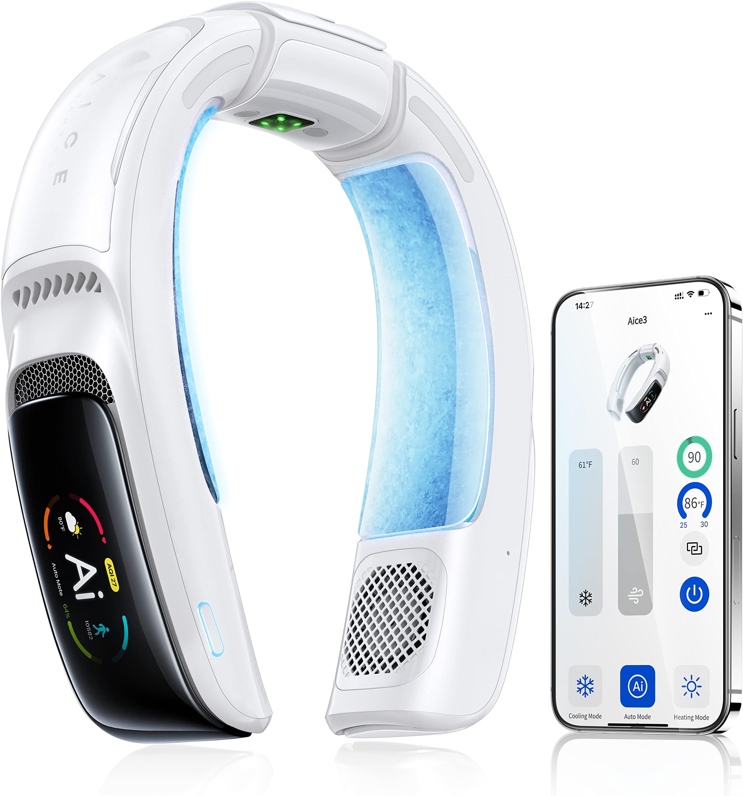 RANVOO No.1 AI Cooling A/C AICE 3 AI Neck Air Conditioner 7000mAh 30H [Full-body Cooling] [Health Monitor] Personal Neck Fan Cooler Rechargeable Wearable Music Call Gift [No Stand Version], Ice White