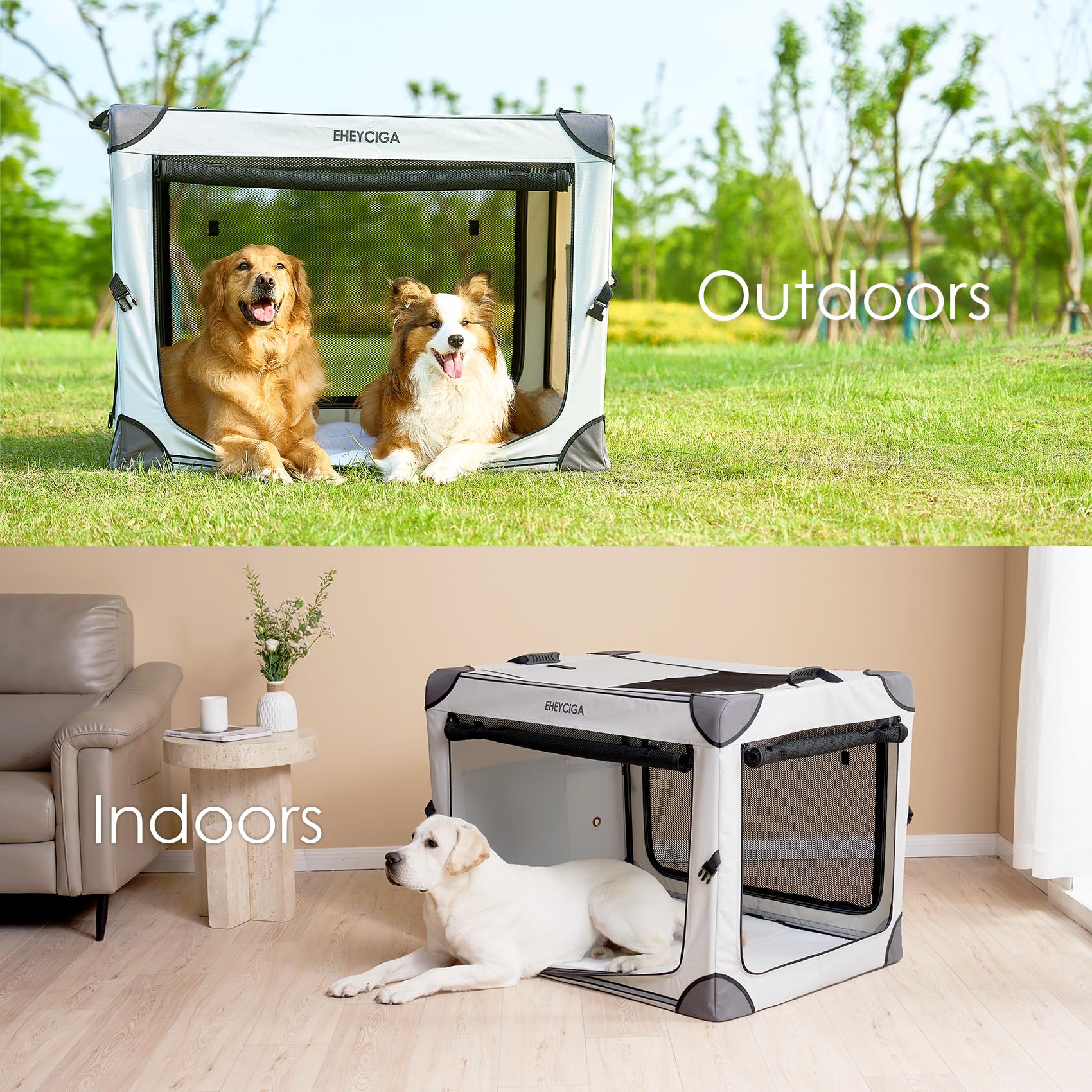 EHEYCIGA Collapsible Dog Crate 42 Inches, Portable Travel Crate for Extra  Large Dogs, Soft Foldable Pet Kennel with 4-Door Mesh Windows Indoor