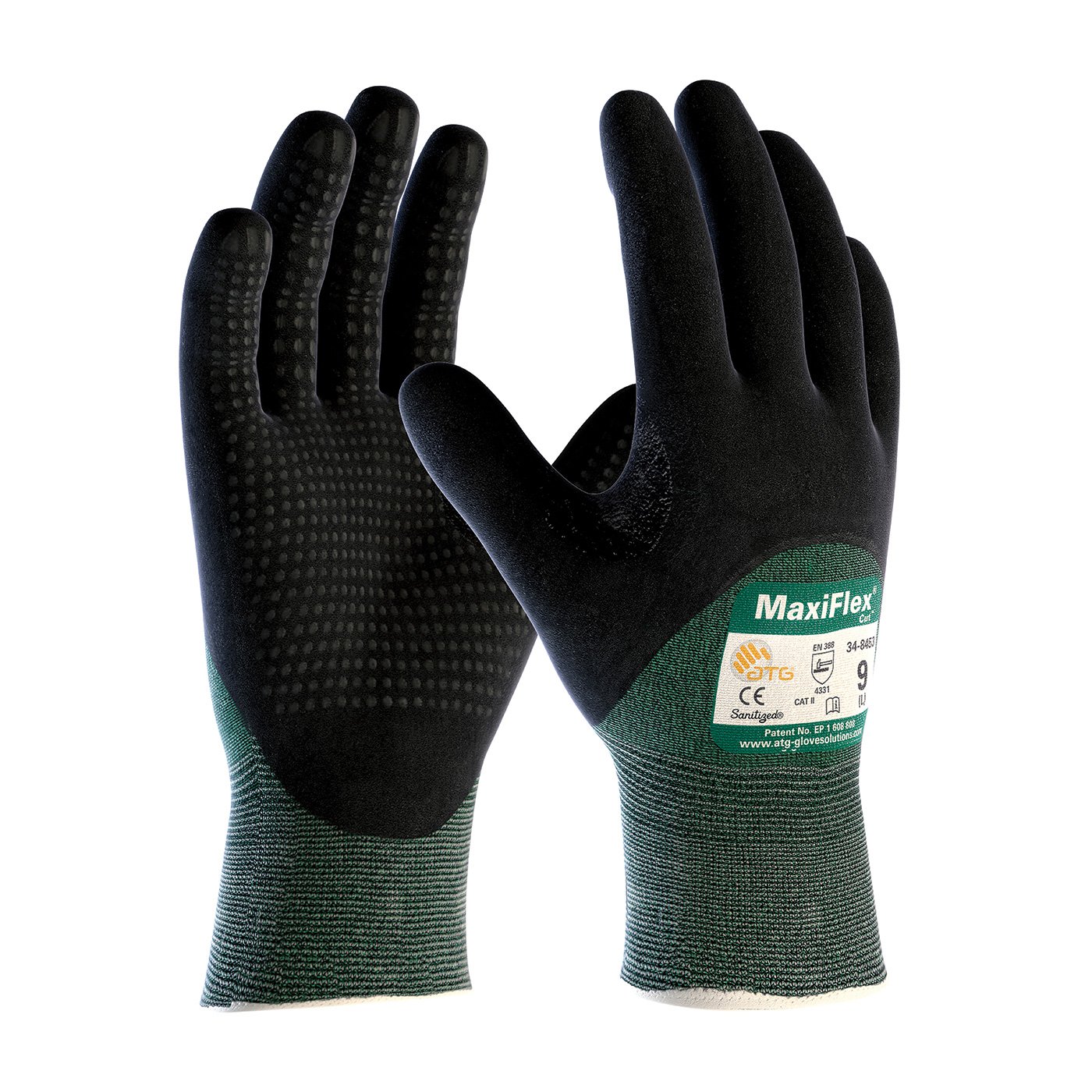 ATG 34-8453/XXL Maxiflex Cut, Green Eng Yarn, Black 3/4 Microfoam Nitrile Dot Grip, A2 Green 2XL
