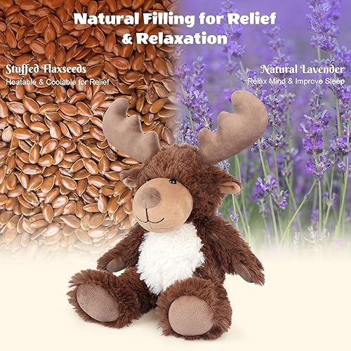 Miniatura 3 de Animales de peluche de alce calentables y refrigerables, almohadilla térmica de animales de peluche para microondas para calambres, juguetes de