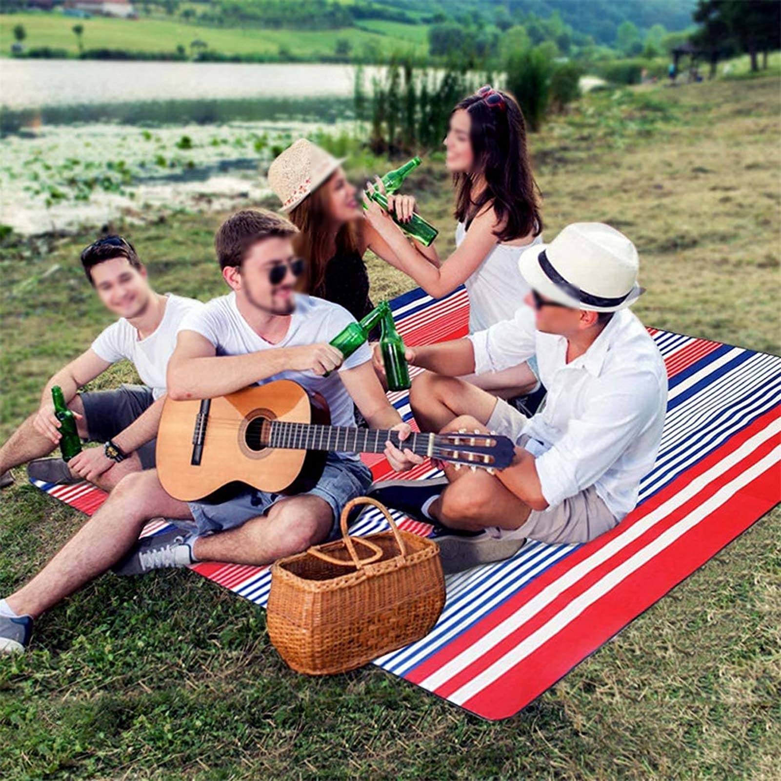 Couverture de Pique-Nique, Tapis de Plage Imperméable, Gand Tapis Pique Niques pour Extérieur Camping Parc (Color : Red Blue Stripe, Size : 200x200cm)