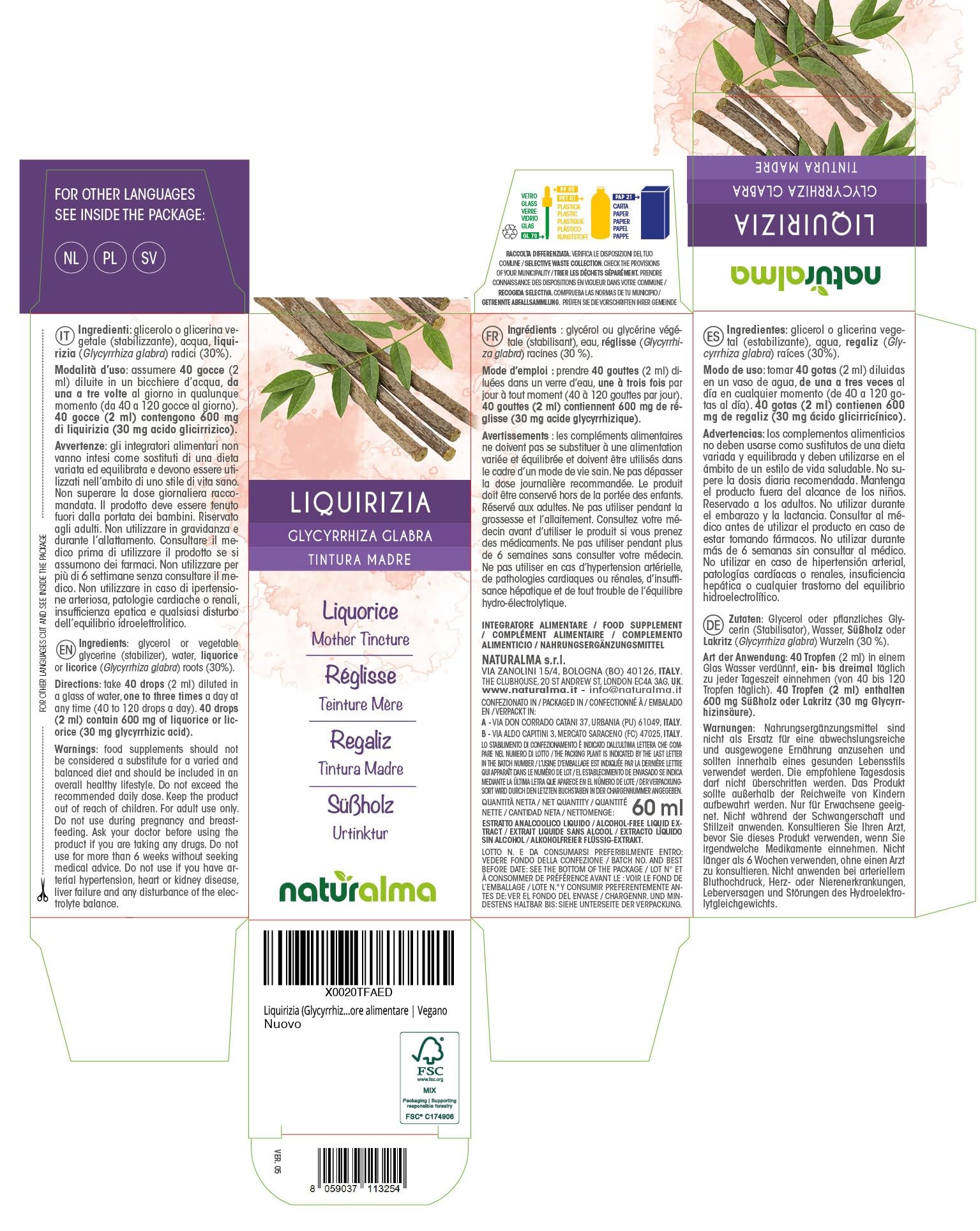 Liquirizia (Glycyrrhiza glabra) radici Tintura Madre analcoolica Naturalma - Estratto liquido gocce 60 ml - Integratore alimentare - Vegano