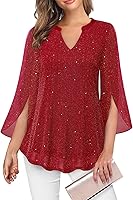 VALOLIA Women's Floral V-Neck 3/4 Ruffle Sleeve Double Layer Mesh Tunic Blouse - Loose Fit, Flowy & Wrinkle-Free