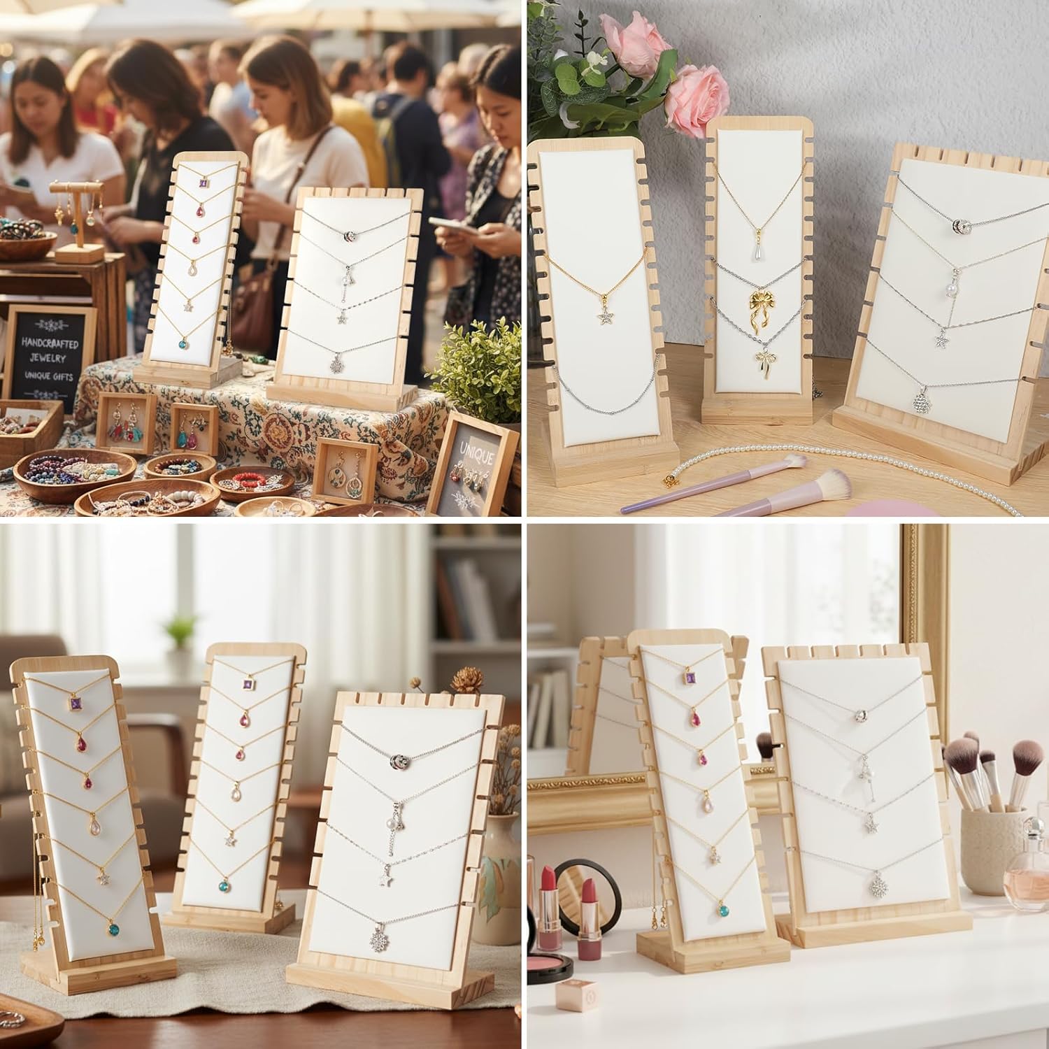 4 Pcs Bamboo Necklace Display Stand Bamboo Panel Jewelry Necklace Tabletop Display Boards Stand Necklace-Display Stands for Selling for Necklaces, Pendants and Chains (White)