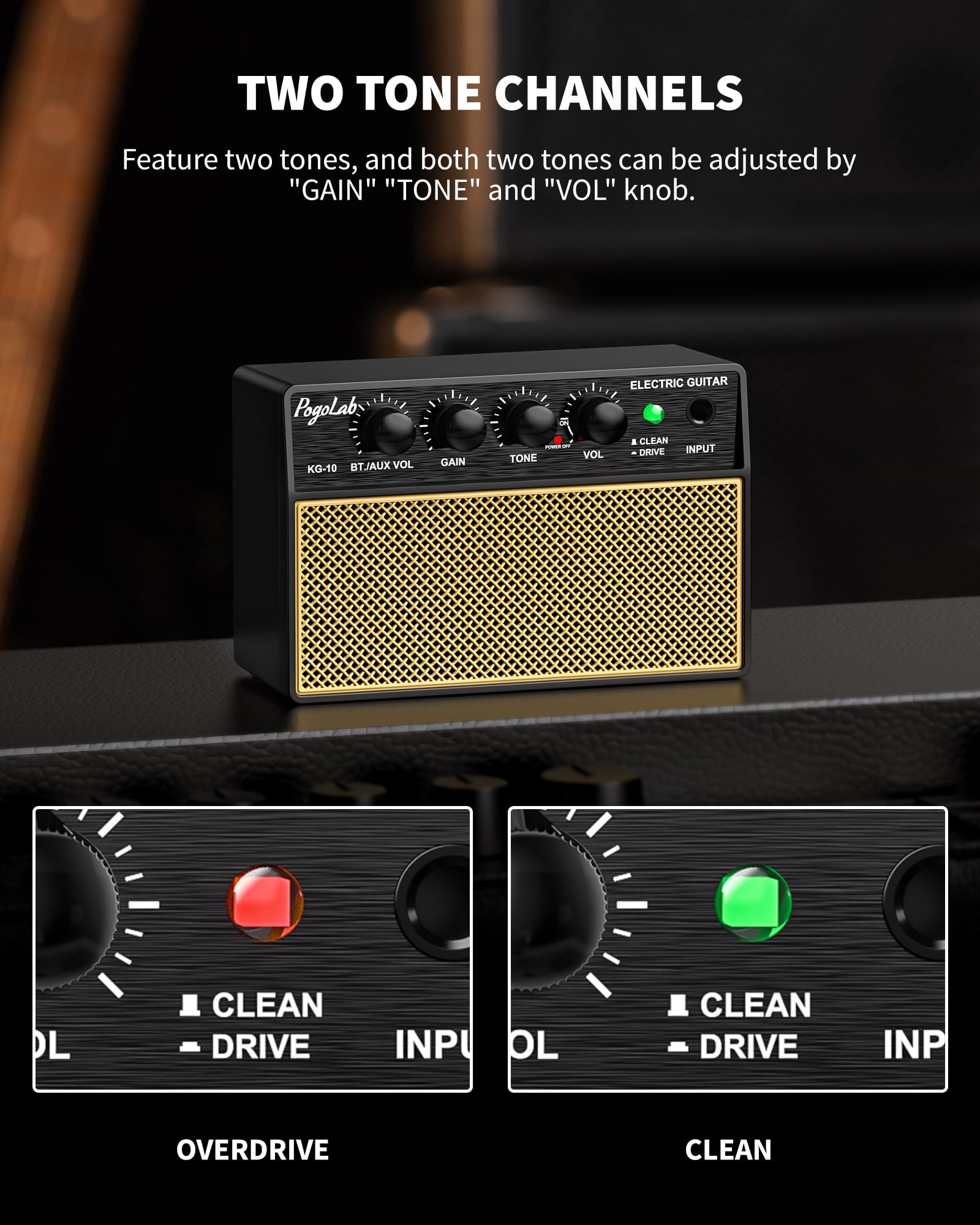 POGOLAB Mini Amplificatore Chitarra 5W, Amplificatore Chitarra Elettrica Portatile Bluetooth con 2 Canali, Amplificatore per Basso Ricaricabile per Esercizi, Mini Amplificatore Esercizi