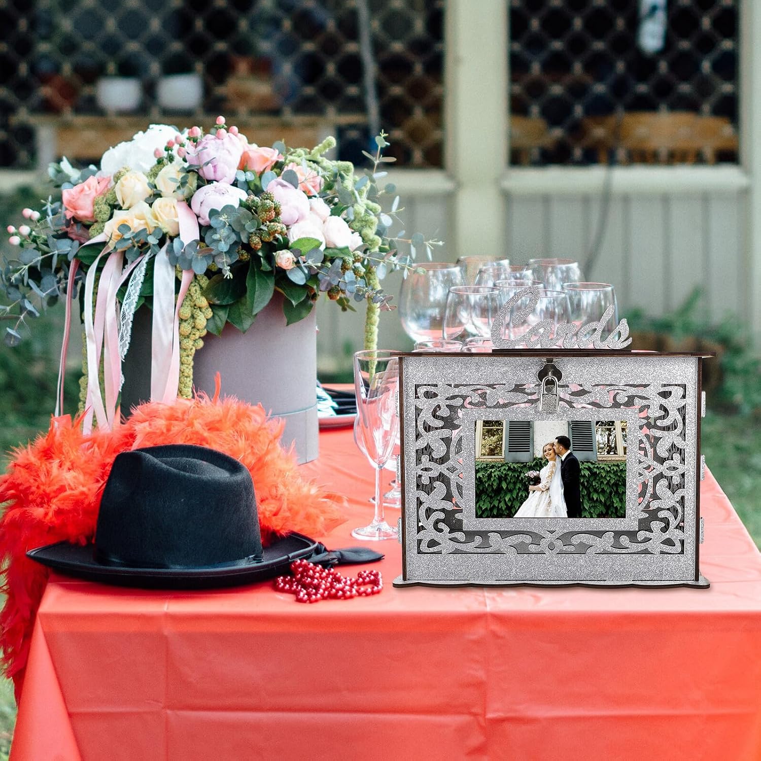 Tofficu Wooden Wedding Card Box with Slot and Hollow Design, Rustic DIY Greeting Cards Container for Reception and Party Decor,