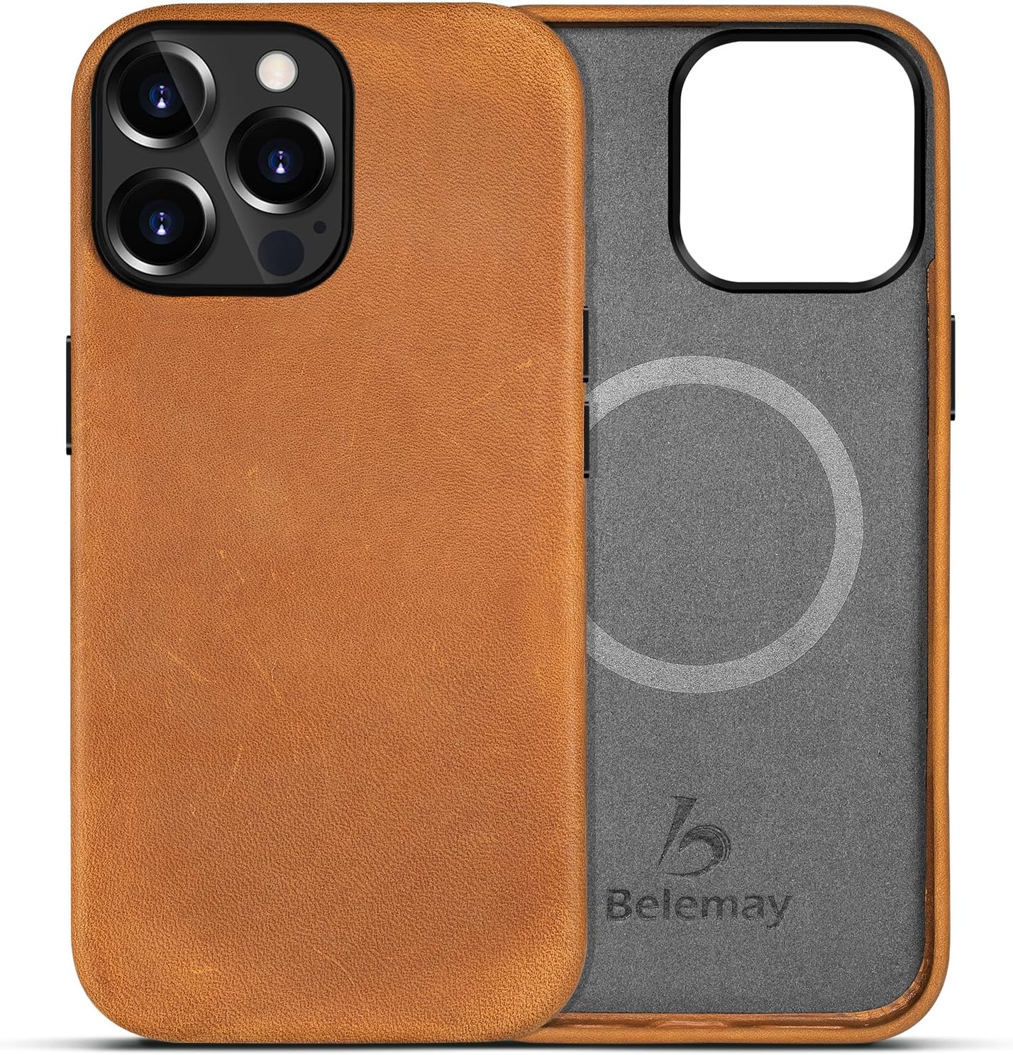 Belemay Compatible with iPhone 12 Pro Max Leather Case Magsafe-Top Grain Vintage Crazy Horse Leather-Metal Buttons Camera Bezel-Slim Fit-Precision Crafted Premium Phone Cover (6.7-inch)-Tan Brown