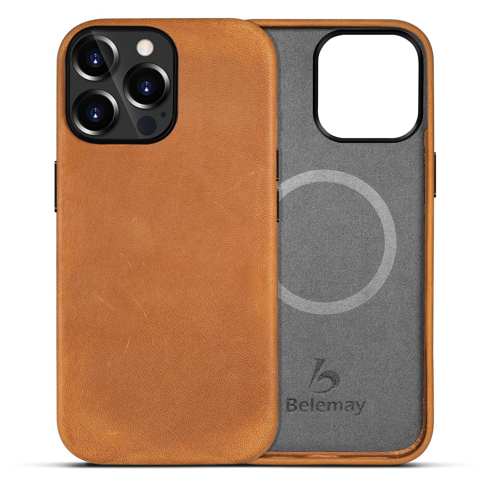 Belemay for iPhone 12 & 12 Pro Leather Case - Magsafe - Top Grain Vintage Crazy Horse Leather - Metal Buttons & Camera Bezel Bump - Slim Fit - Premium Phone Cover (6.1-inch) Tan Brown
