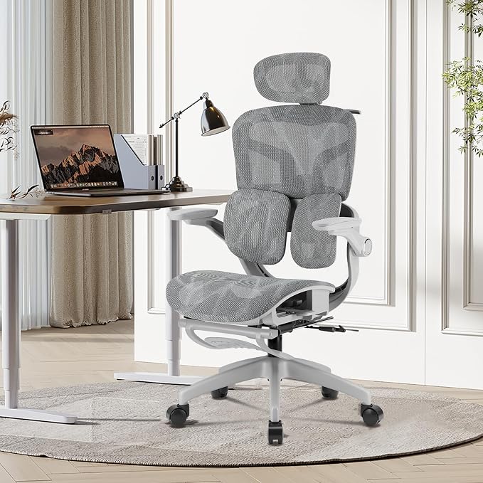 Cadeira de Escritório Ergonômica Testada conforme NR-17, Duplo Apoio Lombar, Assento Deslizante com Ajuste de Profundidade 5cm, Apoio para Pés Retrátil, Reclinável até 135° para Home Office(Cinza)