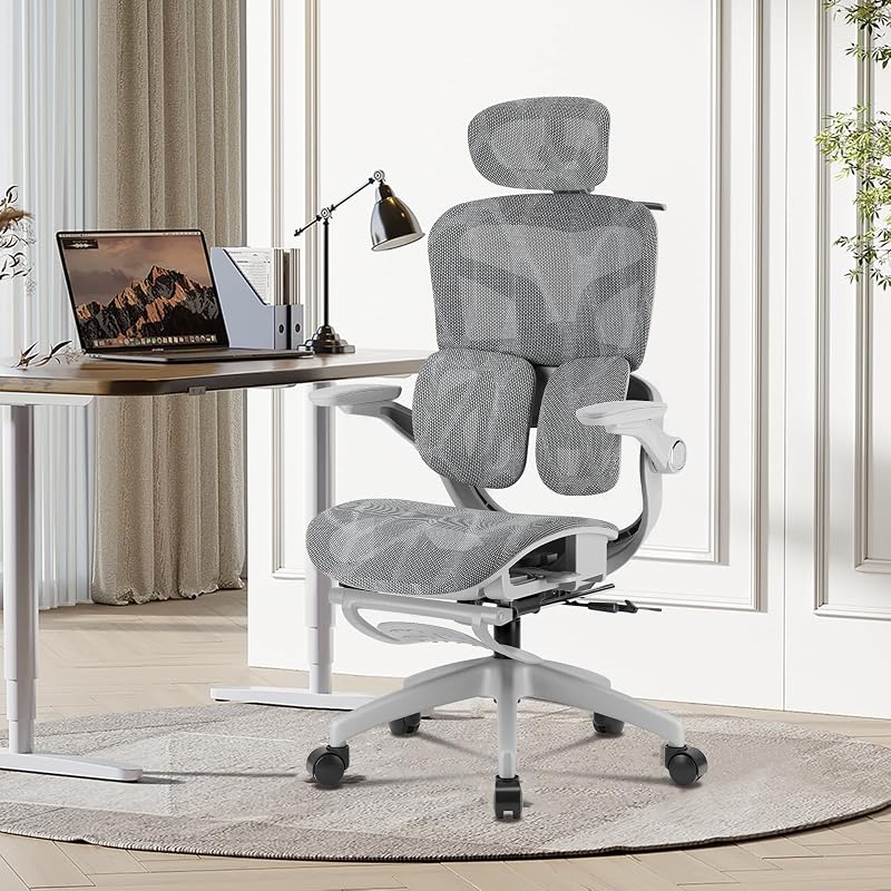 Cadeira de Escritório Ergonômica Testada conforme NR-17, Duplo Apoio Lombar, Assento Deslizante com Ajuste de Profundidade 5cm, Apoio para Pés